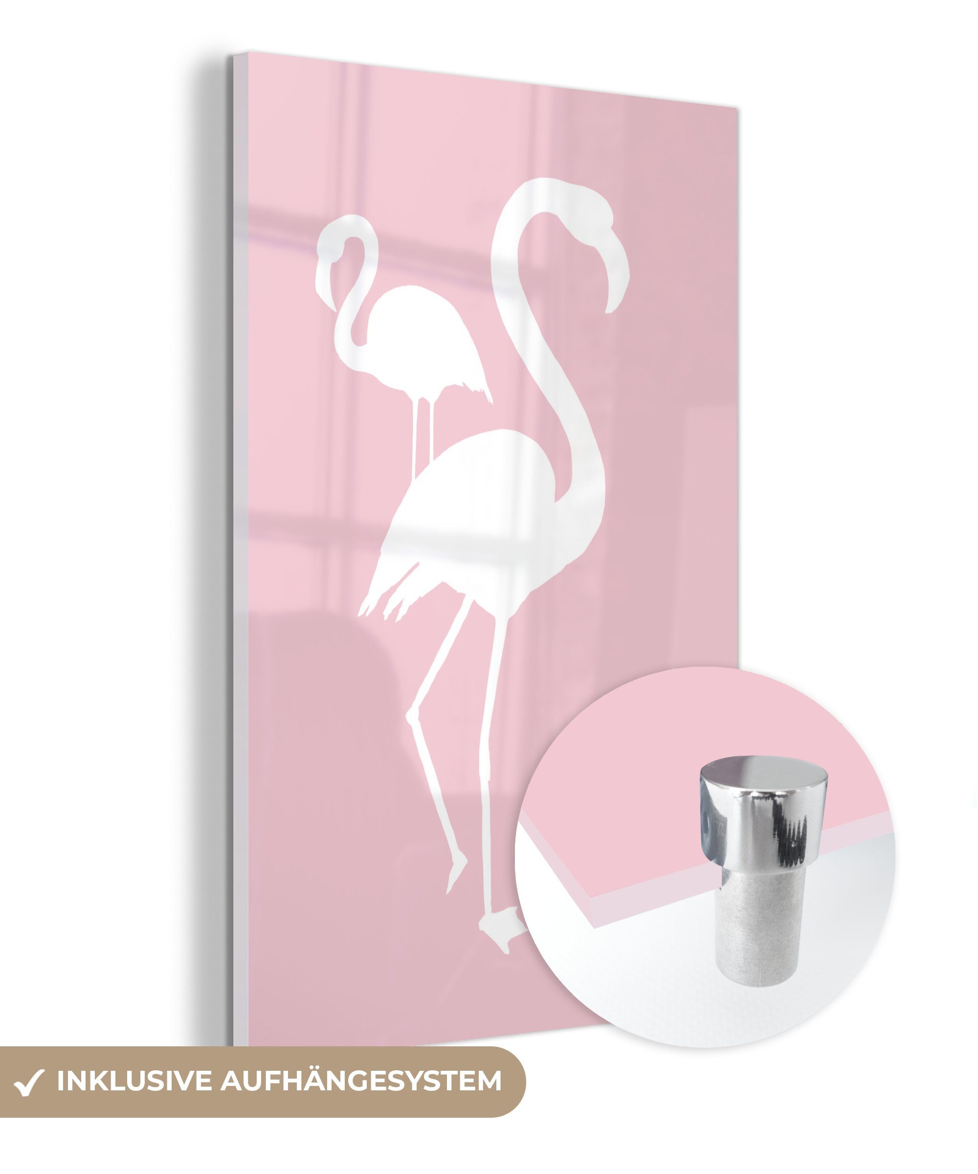 MuchoWow Acrylglasbild Rosa - Weiß - Flamingo, (1 St), Glasbilder - Bilder auf Glas Wandbild - Foto auf Glas - Wanddekoration bunt