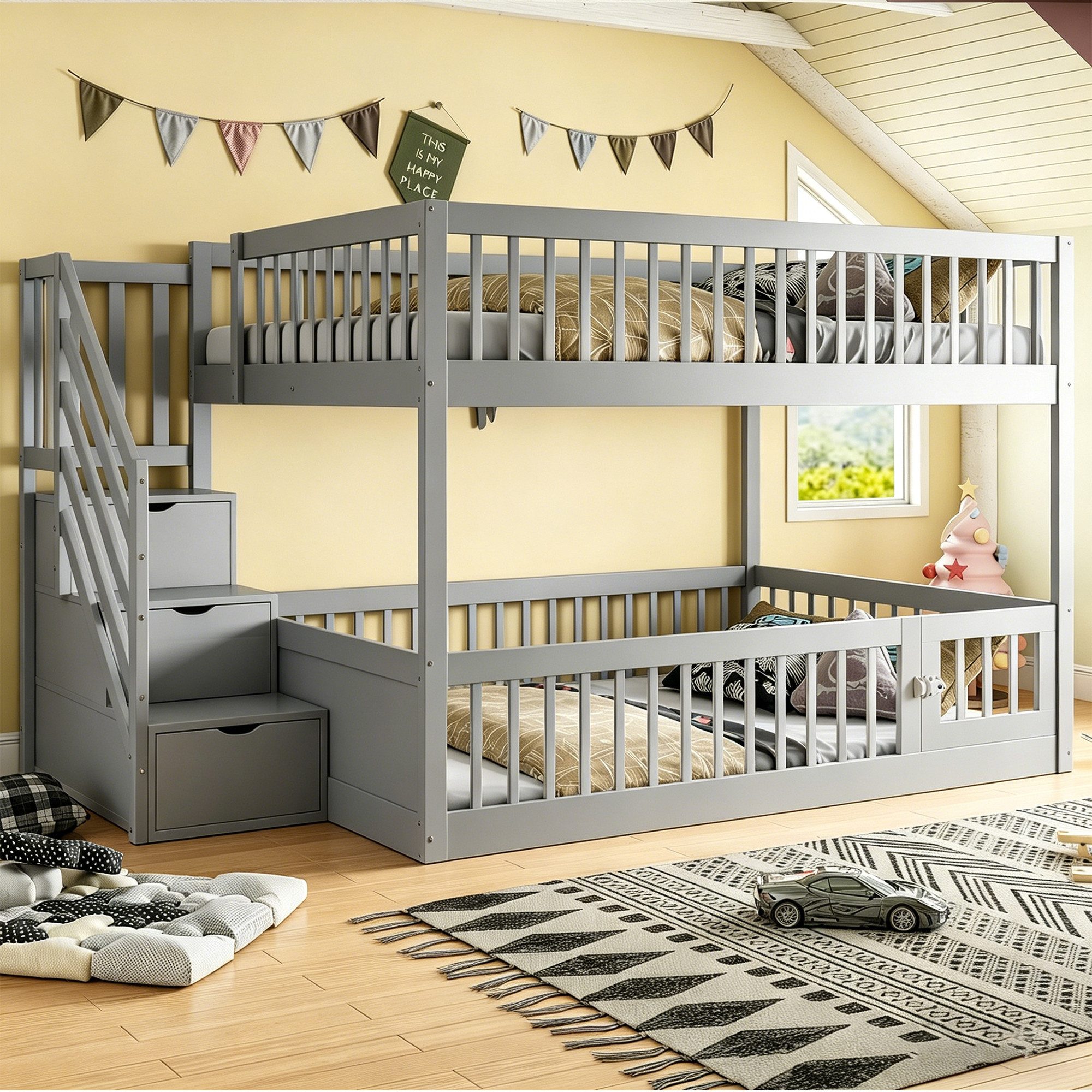 Flieks Etagenbett, Kinderbett 140x200cm mit Stauraumtreppe und oberem Lattenrost