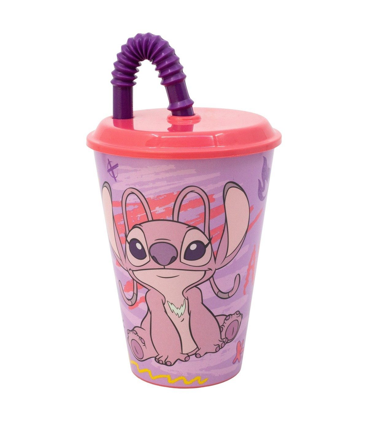 Disney Becher Stitch Angel Kinderbecher 430 ml Tumbler mit Deckel und Strohhalm
