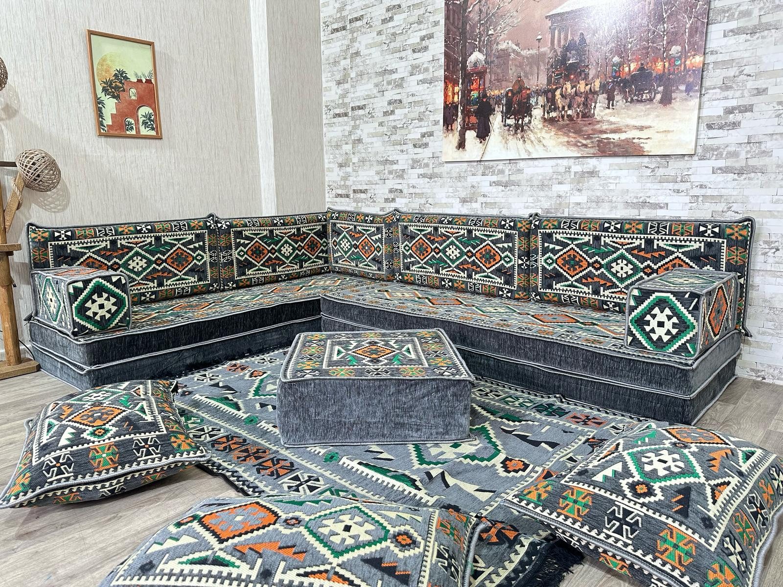 CaddeBuy Sofa Orientalisches Sitzecke Set, L-Förmig Sofa, Arabische Ecke Majlis, 16 Teile