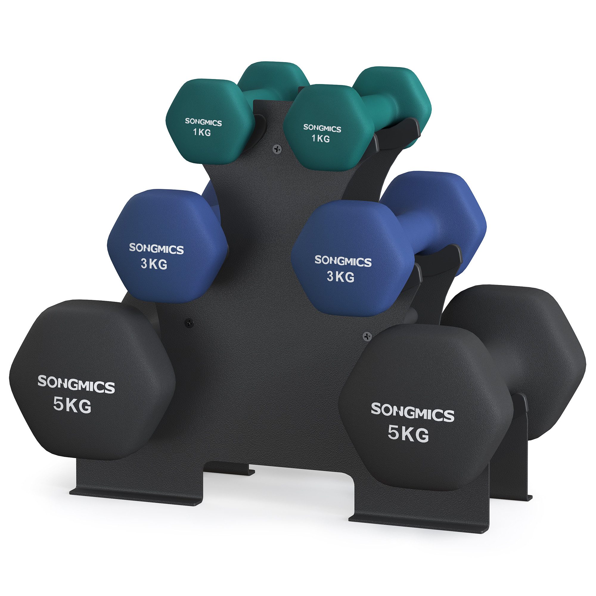 SONGMICS Kurzhantel, Hexagon, mit Hantelständer, 2 x 1 kg, 2 x 3 kg, 2 x 5 kg