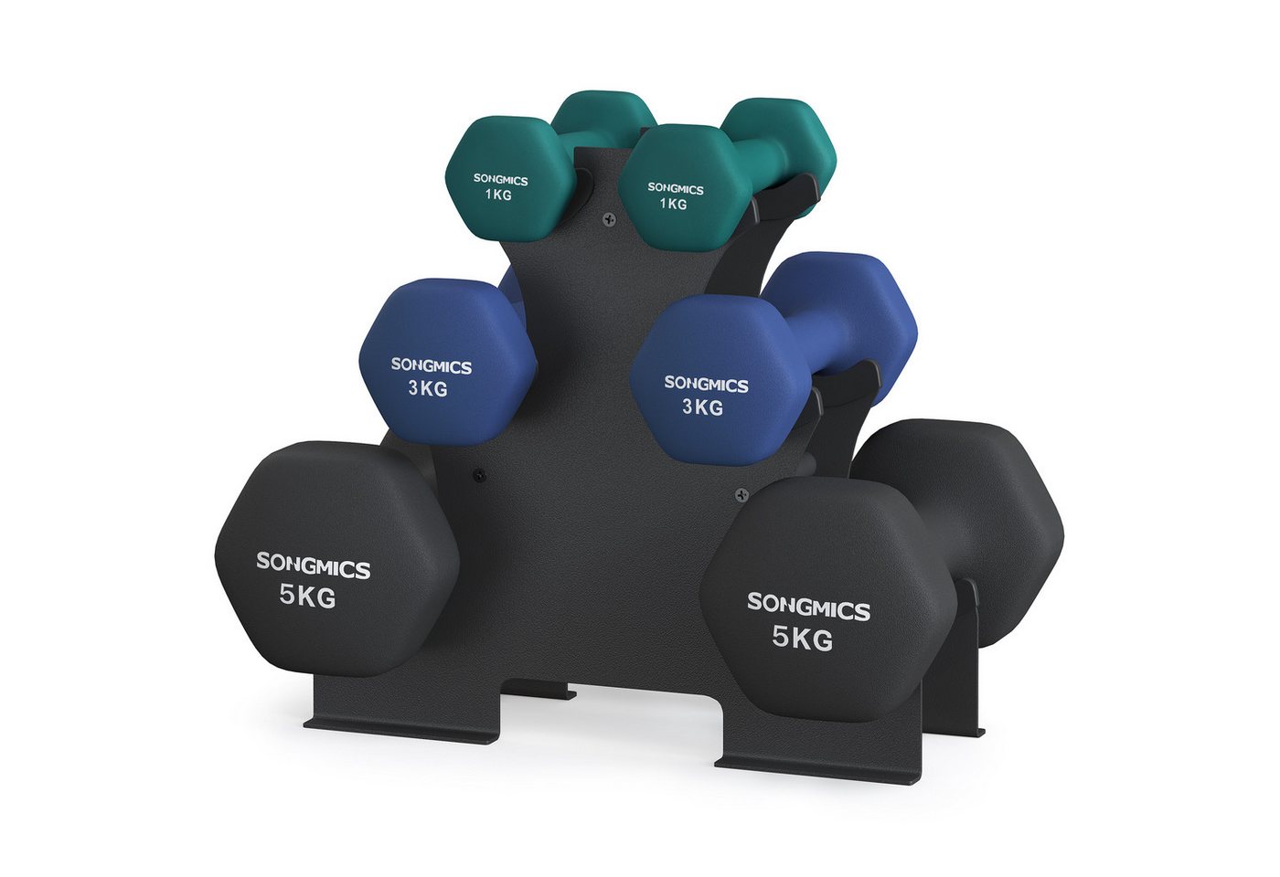 SONGMICS Kurzhantel Set, Hexagon, 2 x 1 kg, 2 x 3 kg, 2 x 5 kg, Krafttraining, zu Hause, (mit Hantelständer), mattes, Neopren-Beschichtung, aquamarinblau, hafenblau, tintenschwarz