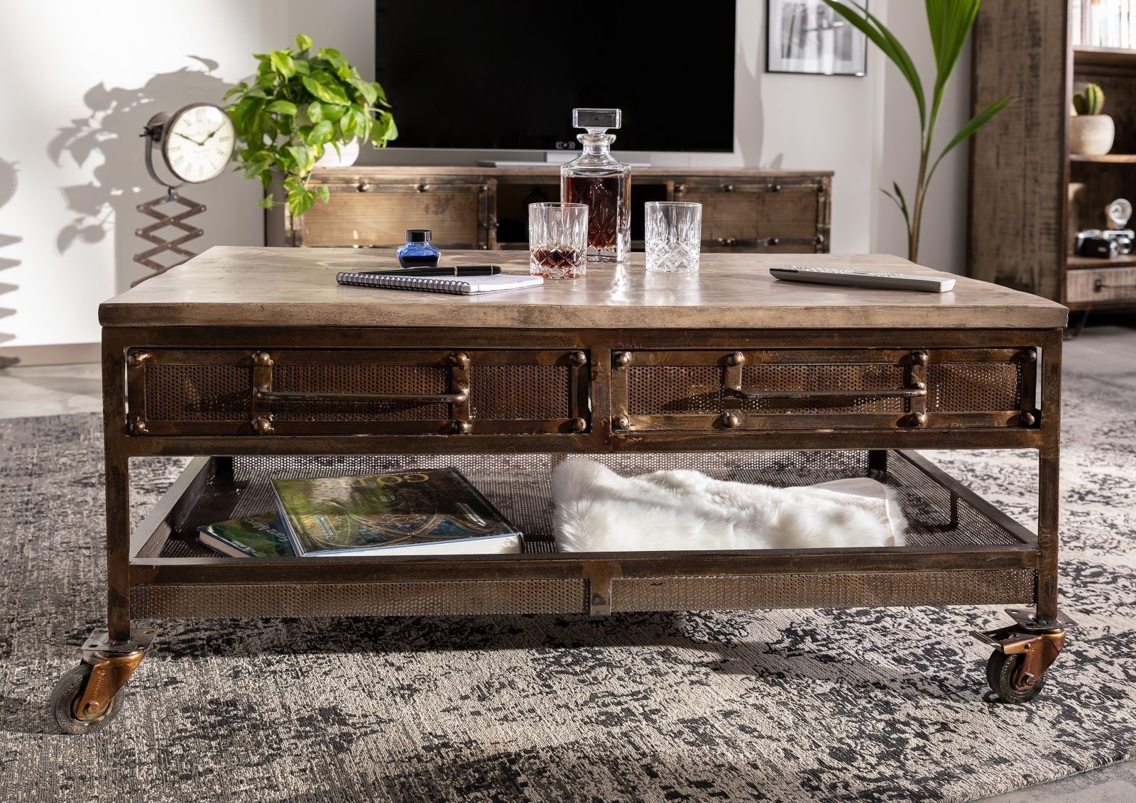 Massivmoebel24 Couchtisch HEAVY INDUSTRY (Massivholz, Massivholztisch), Couchtisch Mango 110x60x50 braun lackiert HEAVY INDUSTRY #222
