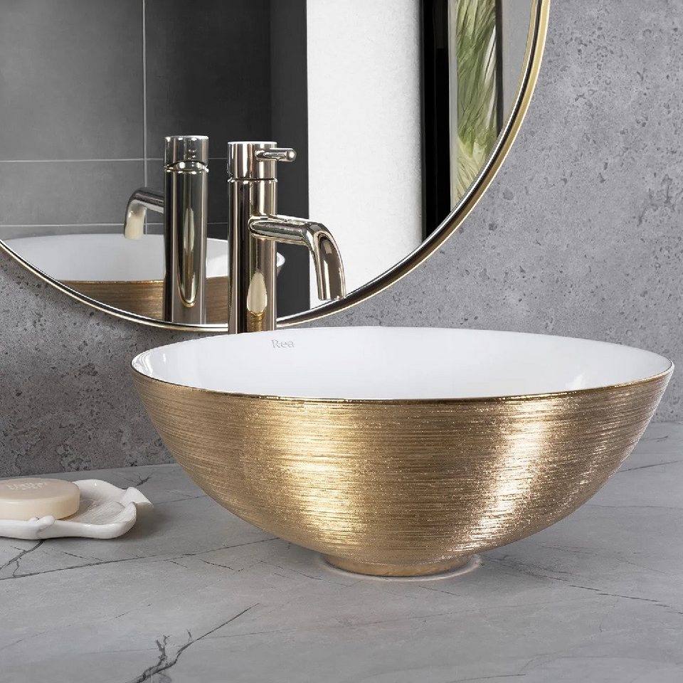 Thumbnail - wohnwerk.idee Aufsatzwaschbecken Waschbecken Brushed Gold Gebürstet ∅ 35,5 Stella rund