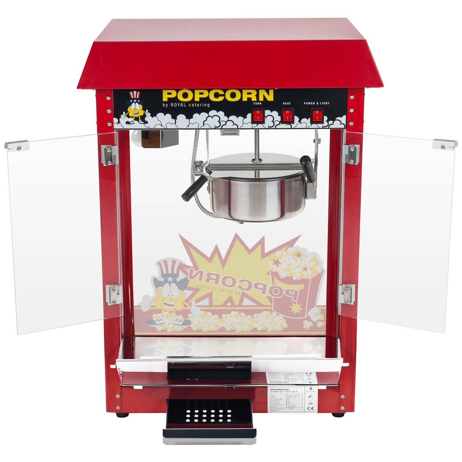Royal Catering Popcornmaschine 5 kg/h Popcornmaker Mit Wagen Popcornautomat 1500 W Rot Retro Profi