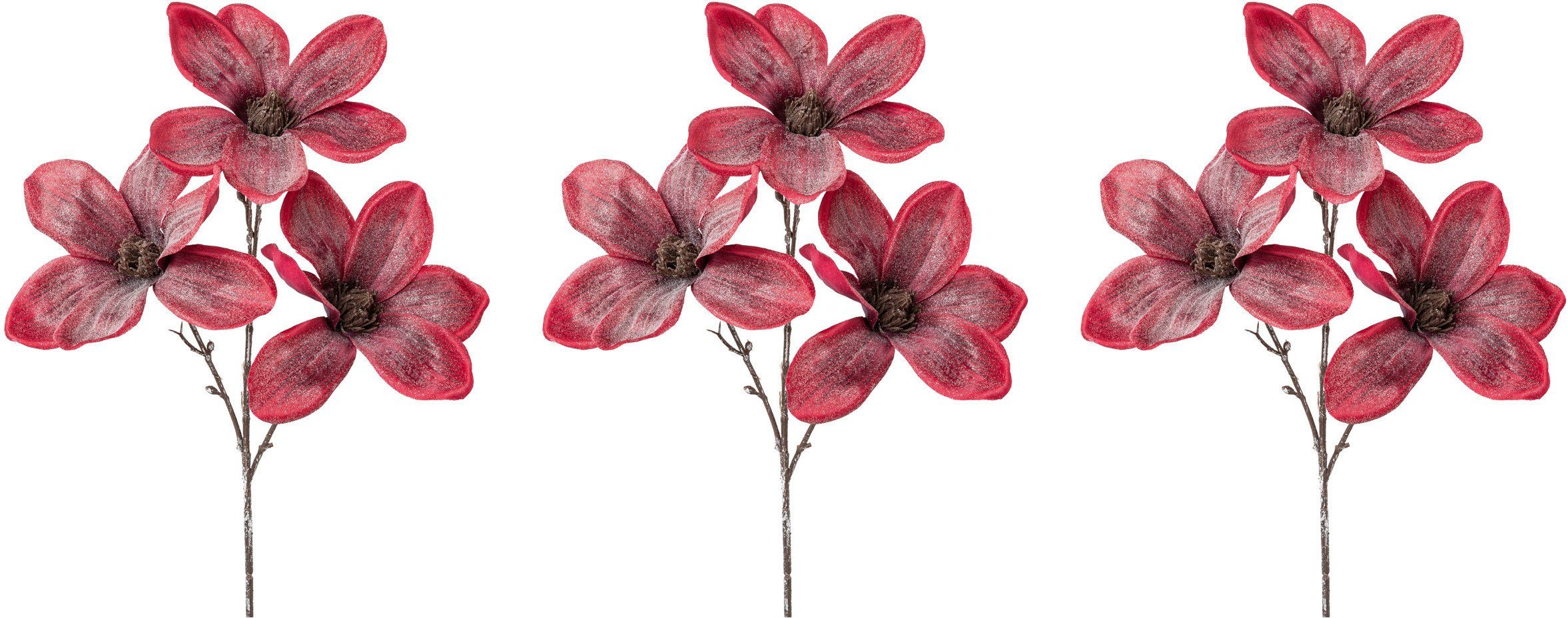 Creativ Weihnachtsdeko geeister Kunstpflanze Optik, green, rot Magnolie, in 3er-Set 49 Winterliche cm, Höhe