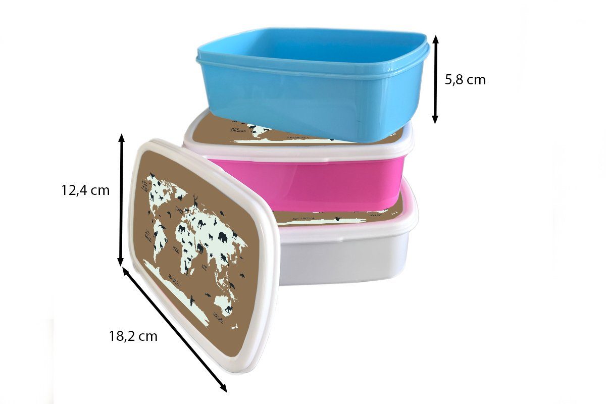 Brotdose, Kinder Jungs Mädchen Tiere Lunchbox (2-tlg), MuchoWow Braun, Kunststoff, Weltkarte für für - und Erwachsene, - Brotbox weiß und