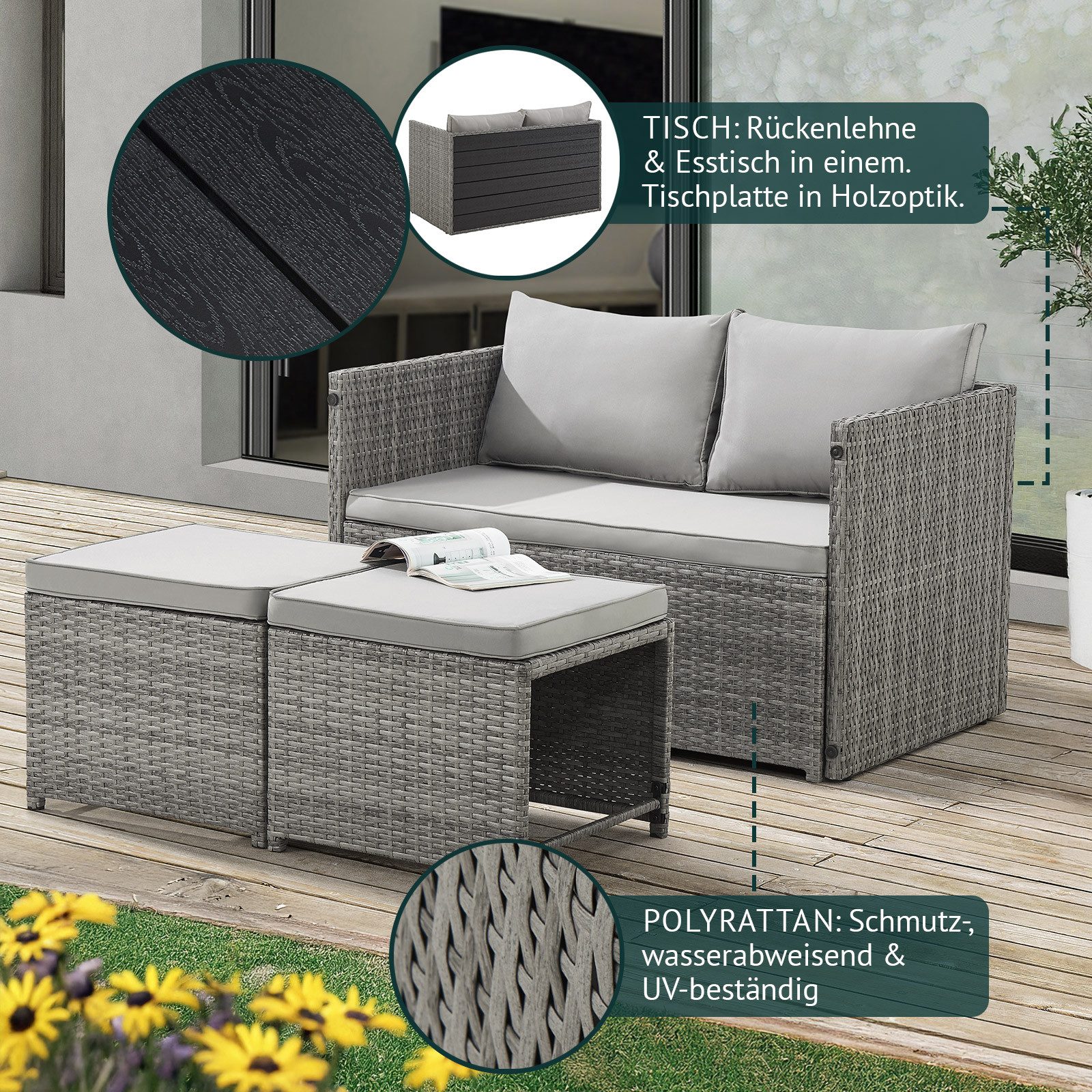 SVITA Gartenlounge-Set ATHINA, Platzsparend, umbaubar, Tisch und Sofa in einem, Grau