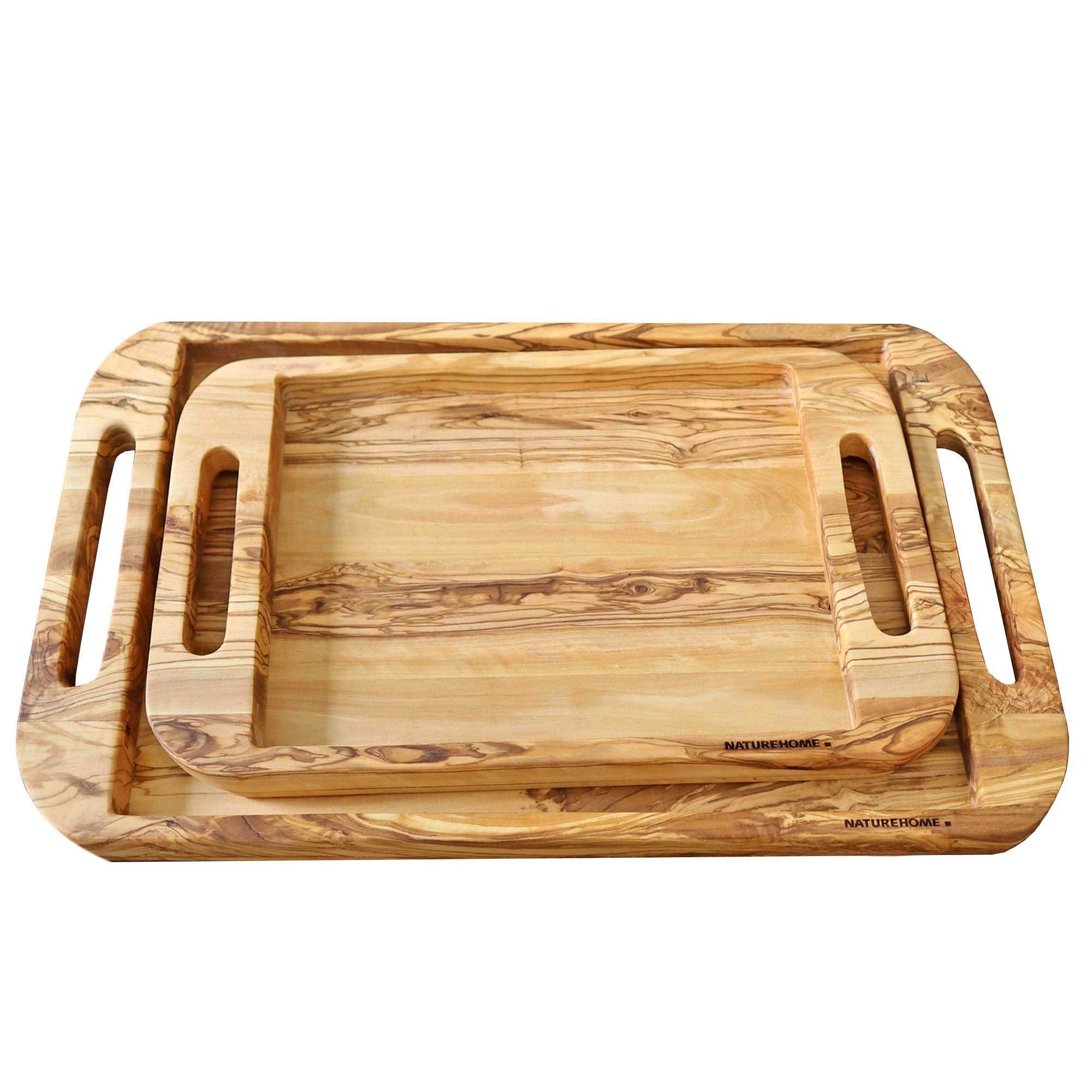 NATUREHOME Tablett Holztablett mit Griff Olivenholz, / Nachhaltig Massivholz, cm), 50x35 NH-F, Handarbeit, (40x28cm