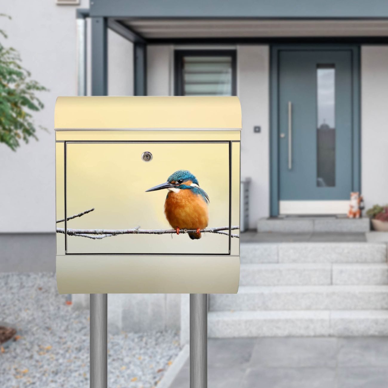 banjado Standbriefkasten Edelstahl Pause (Standbriefkasten Pause, mit Zeitungsfach), 126 x 53 x 17cm