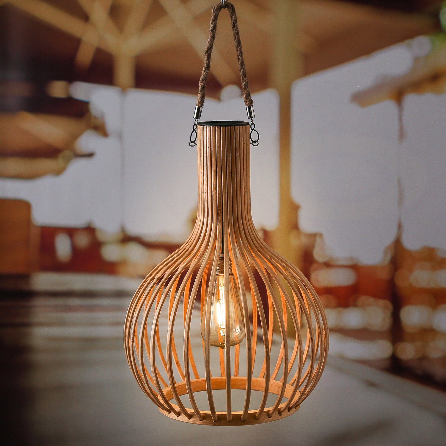 MARELIDA Hängeleuchte LED Solar Hängeleuchte 40cm Bambus für Terrasse Balkon Außenleuchte, LED Classic, warmweiß (2100K bis 3000K)