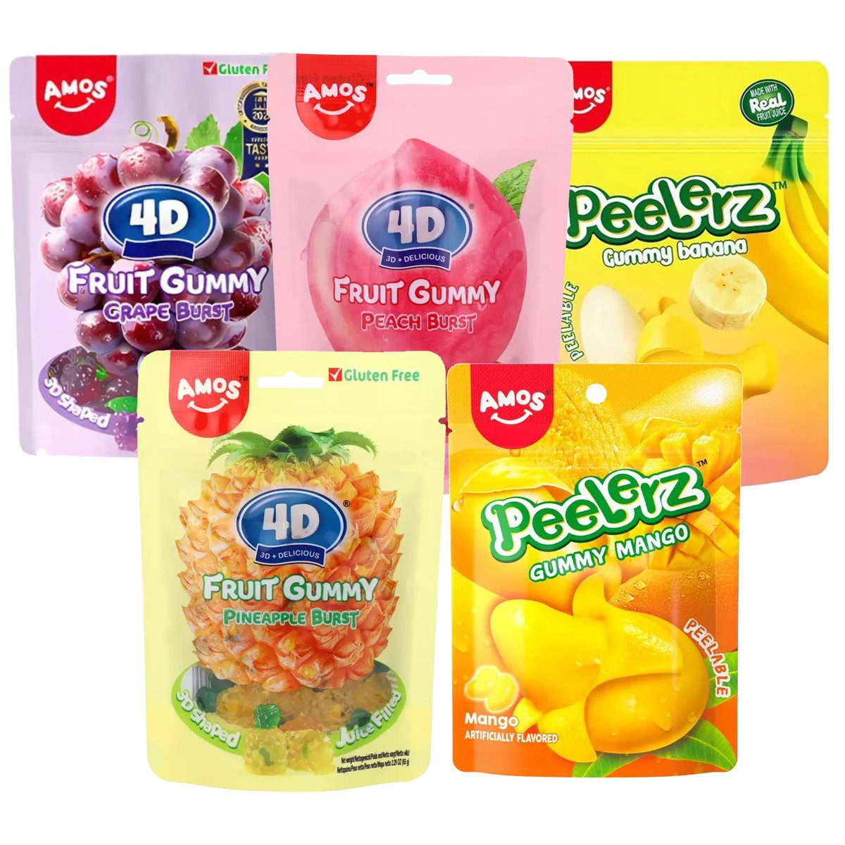 AMOS Süßigkeit, Amos Peelerz Mix D4 Mango Banana Grape Peach Pineapple 65g 5er Pack