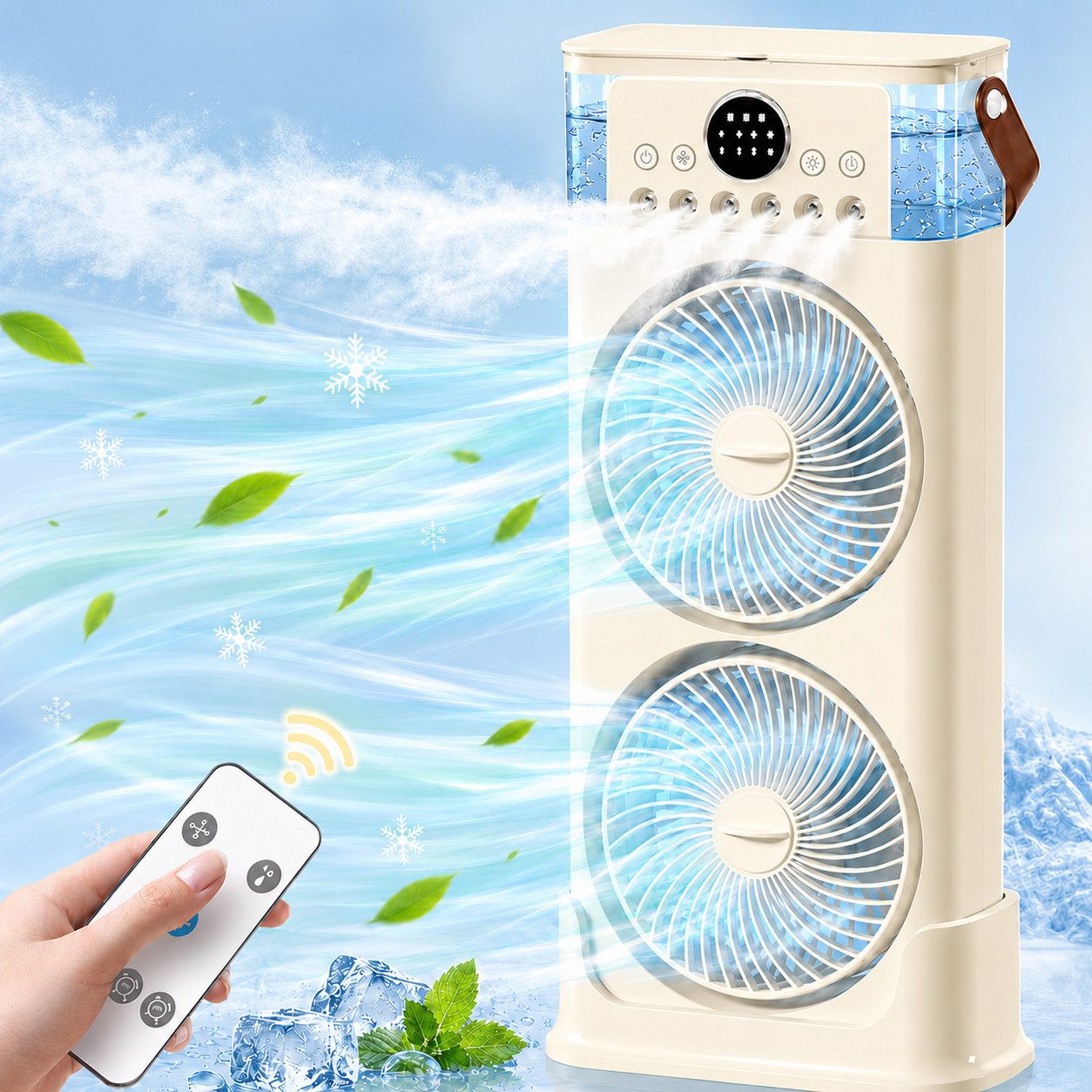 MOPUEA Ventilatorkombigerät Luftkühler 4 in1 Klimaanlage mit Fernbedienung Kühlspray Timer leise, Ventilator Tischventilator Akku-Standventilator LED-Licht Wassertank