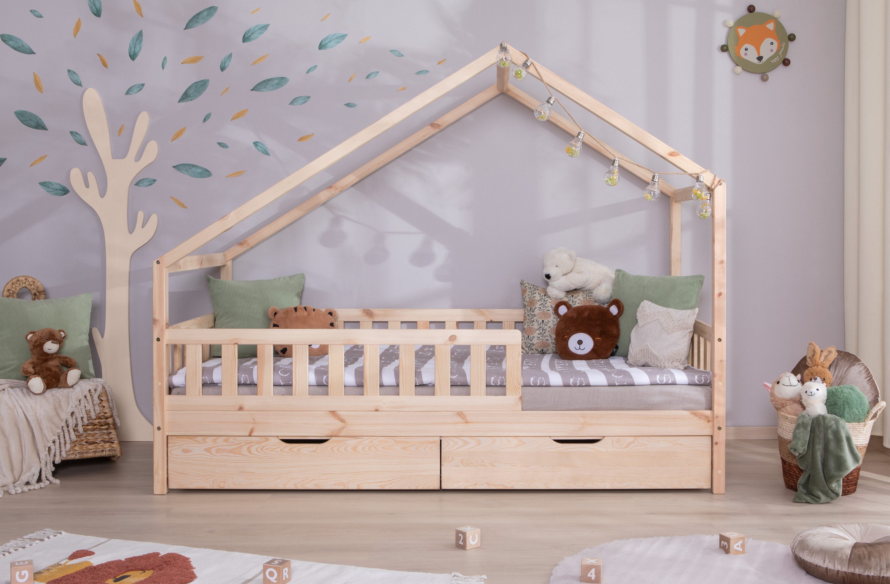 Ticaa Hausbett Lou mit Rausfallschutz und Schubkasten aus Kiefer
