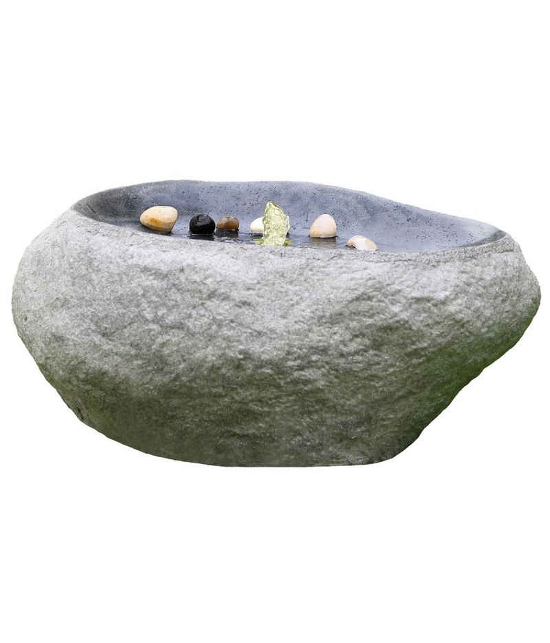 Dehner Gartenbrunnen Rock mit LED, 60 x 40 x 27.5 cm, Polyresin, 60 cm Breite, beleuchtetes Kunststein-Wasserspiel komplett mit Pumpe, Trafo und LED