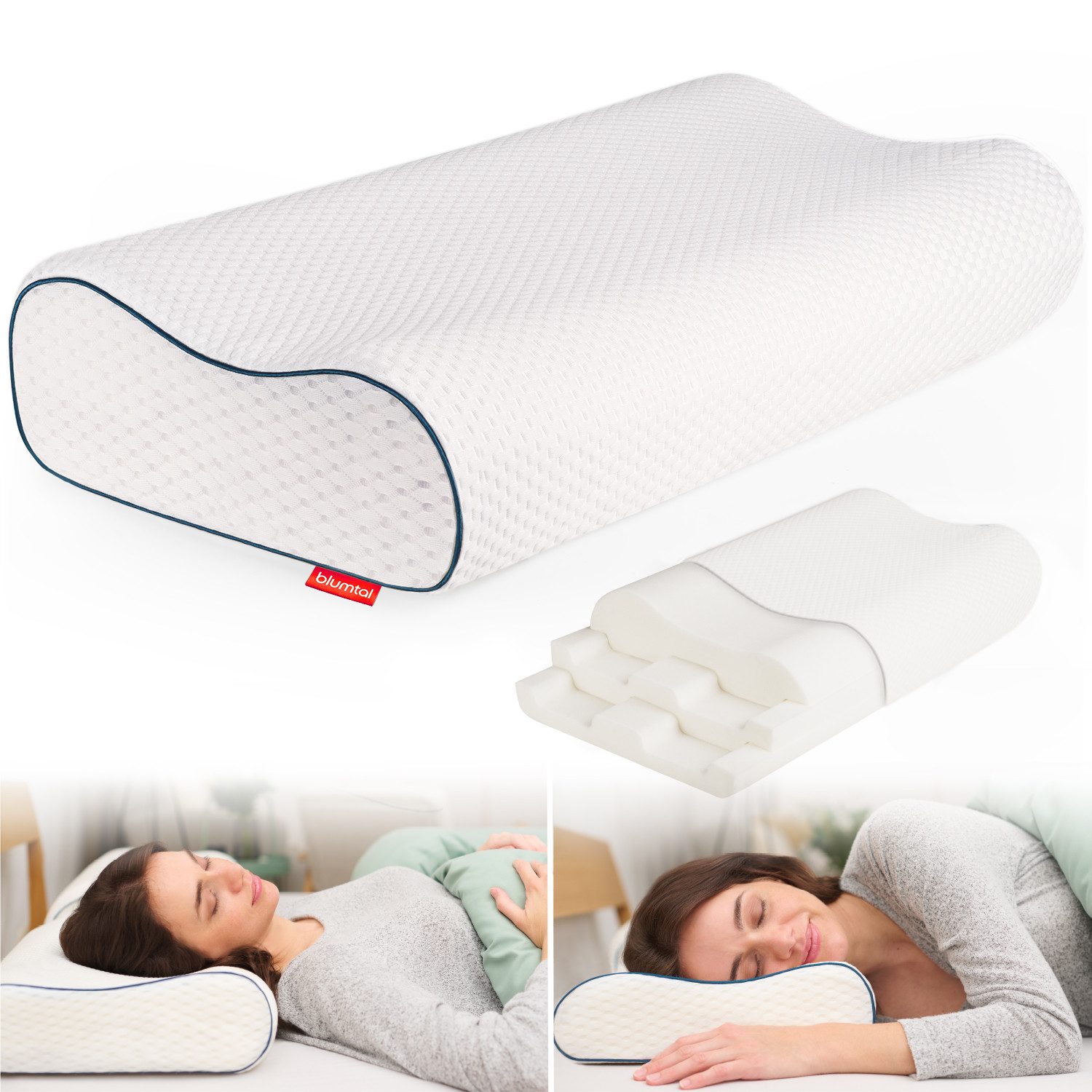 Blumtal Nackenstützkissen Orthopädisch aus Memory Foam, Ohne Plattliegen für Seitenschläfer, Bauchschläfer & Rückenschläfer, Anti-Schnarch-Kissen, ergonomisches Kissen mit individueller Höhenanpassung