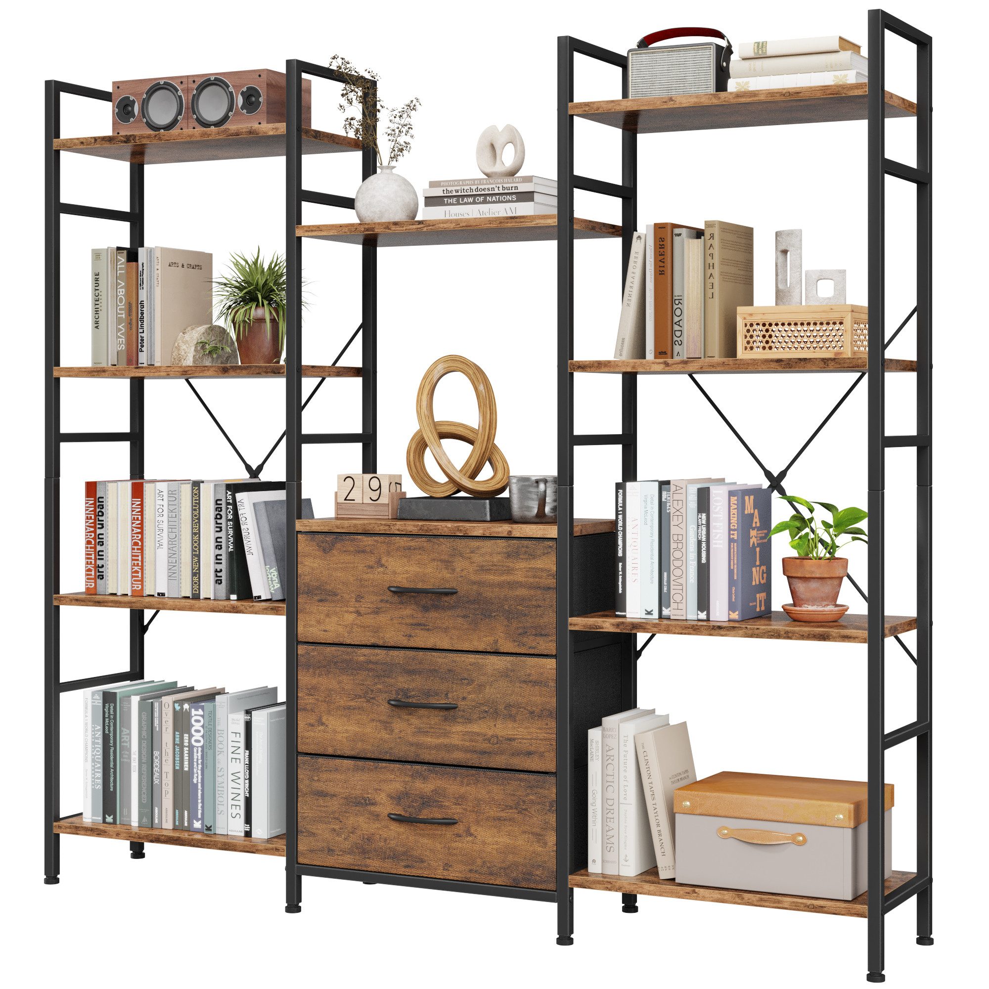 OYRREU Bücherregal mit 3 Stoffschubladen & 10 Ablageböden, Standregal, schlankes Design, höhe 142cm Bücherschrank 1-St., Anti-Kipp-Sicherung, mit offenen Ablagen, X-förmige Metallverstärkung, Mehrzweckregal