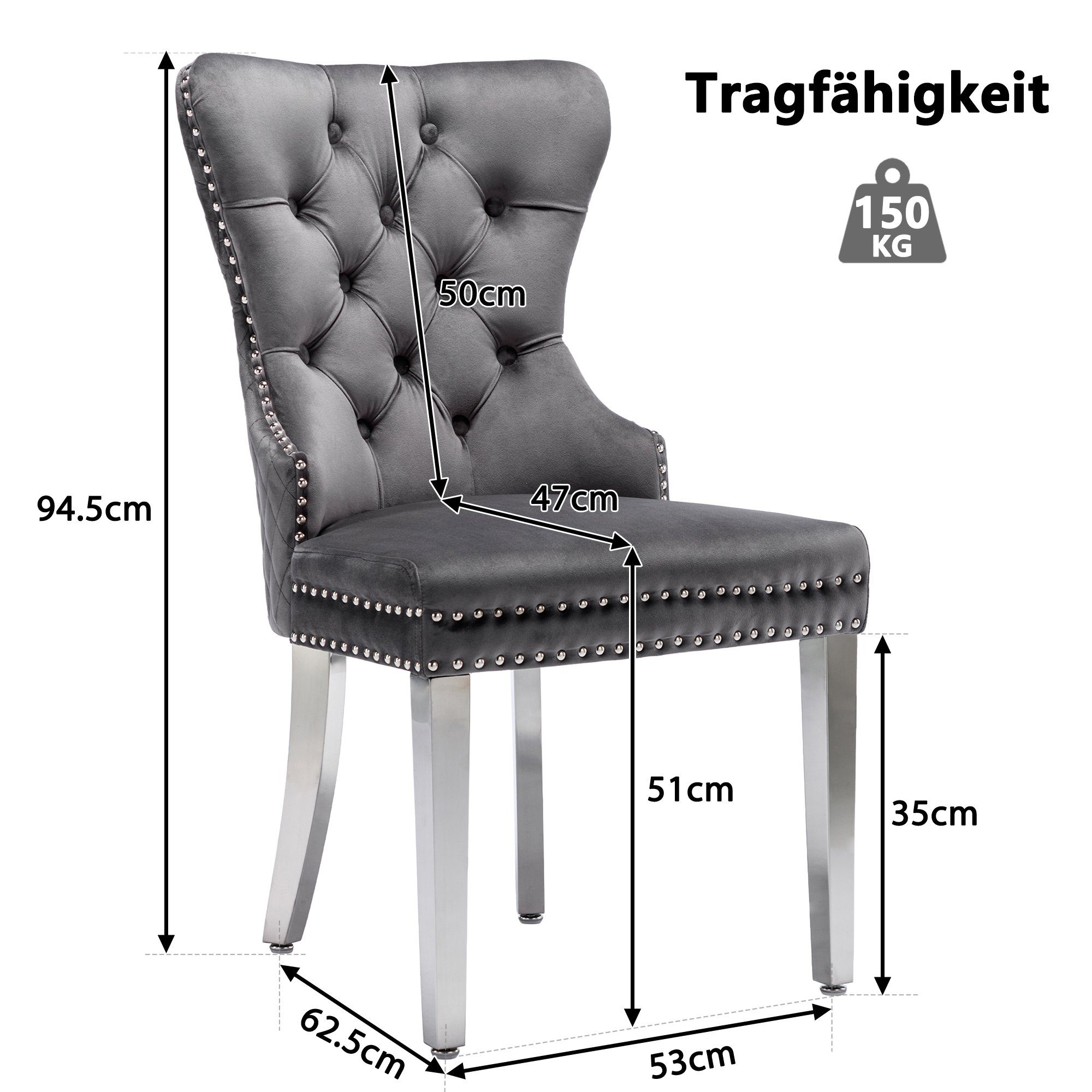 Esszimmerstuhl (Polsterstuhl, 4 St), mit Türklopfer, Beine aus Edelstahl, gepolsterte Sitzfläche aus Samt