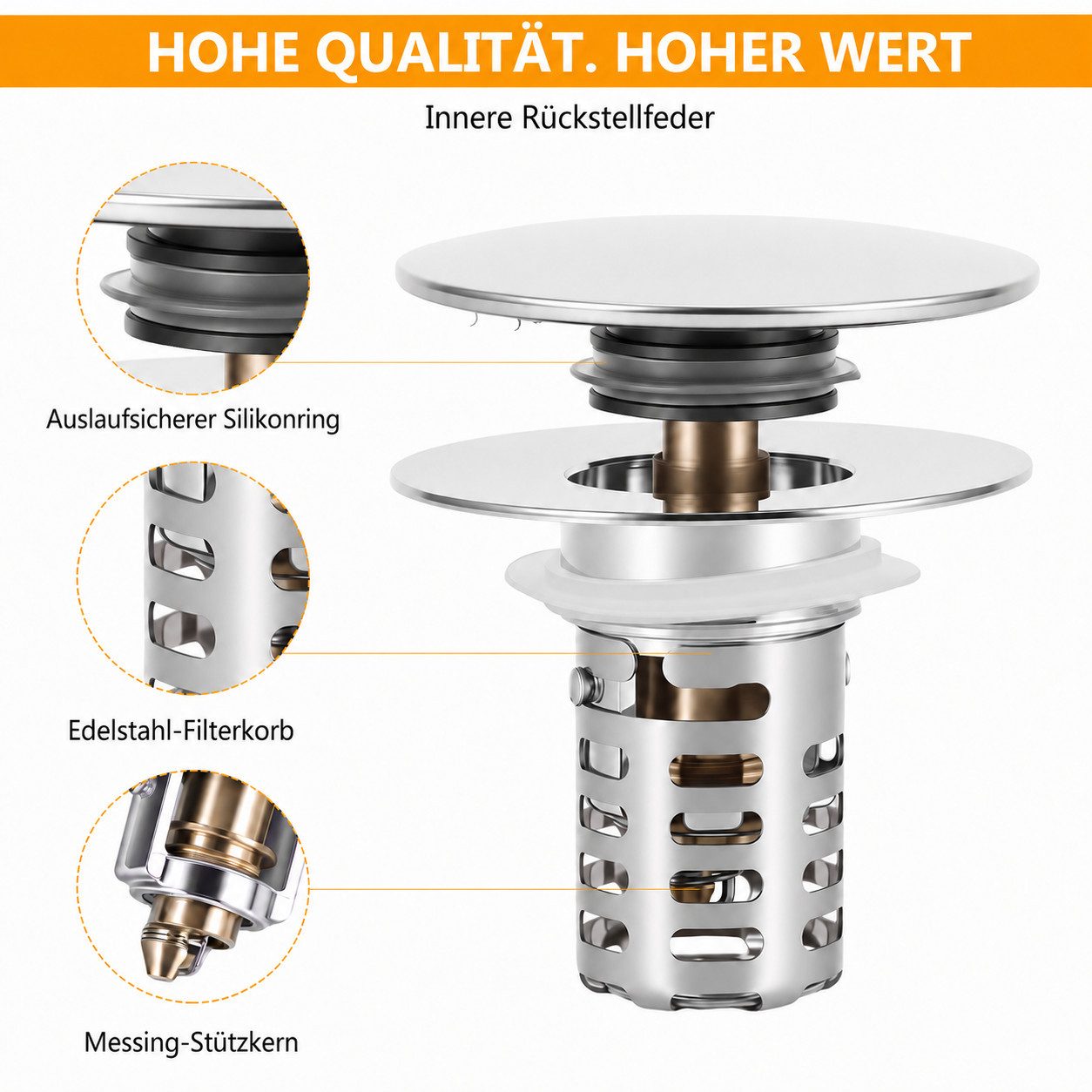 BlingBin Ablaufgarnitur Waschbeckenstöpsel Pop Up Edelstahl Abflusssieb (waschtisch ablauf, 1-St., 1tlg) Ablaufventil Ø60 mm mit Filterkorb aus Edelstahl und Me – Bild 3 von 5