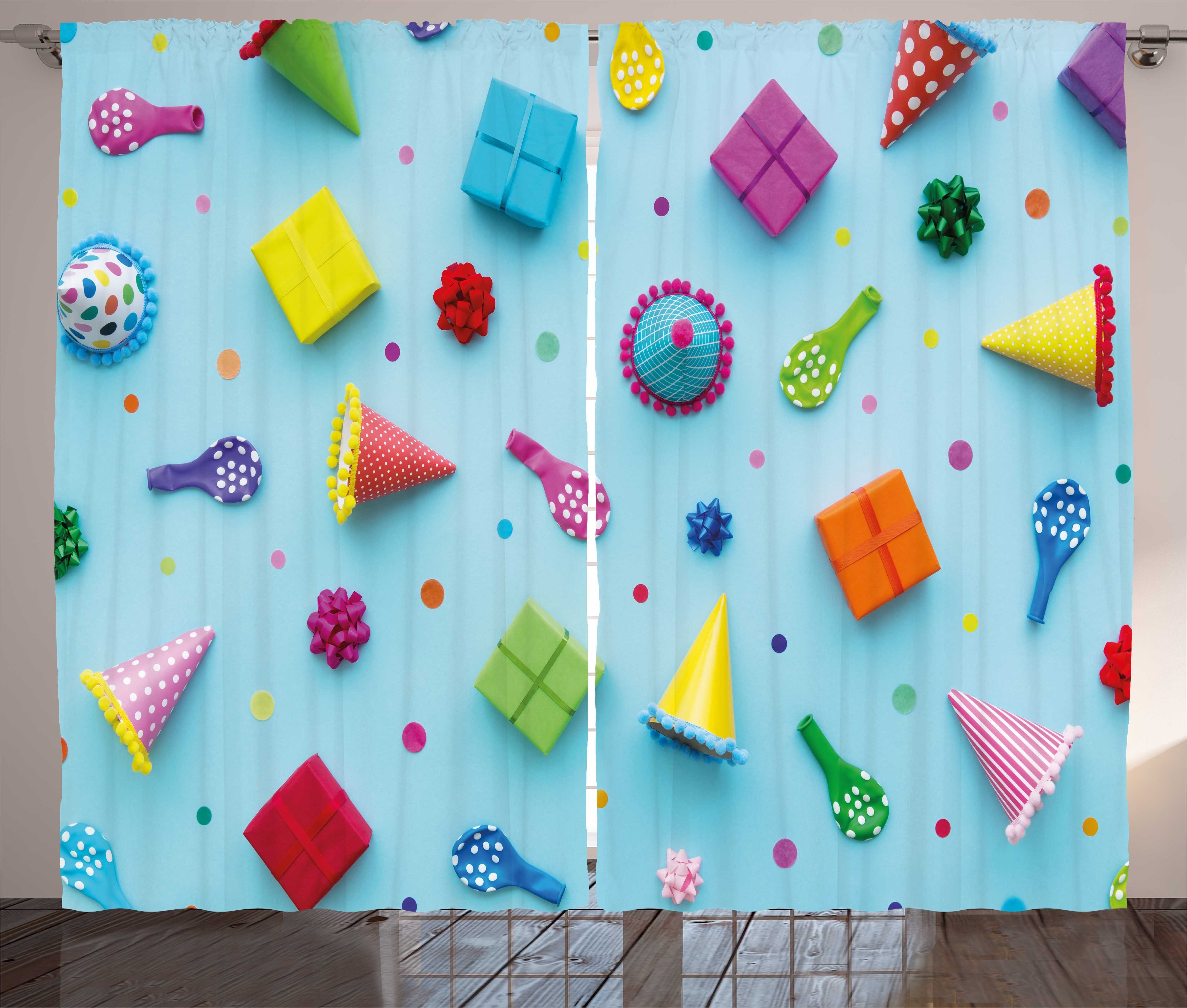 Gardine und Geburtstags-Party-Themed Vorhang Bunt Abakuhaus, mit Art Schlaufen Haken, Kräuselband Schlafzimmer
