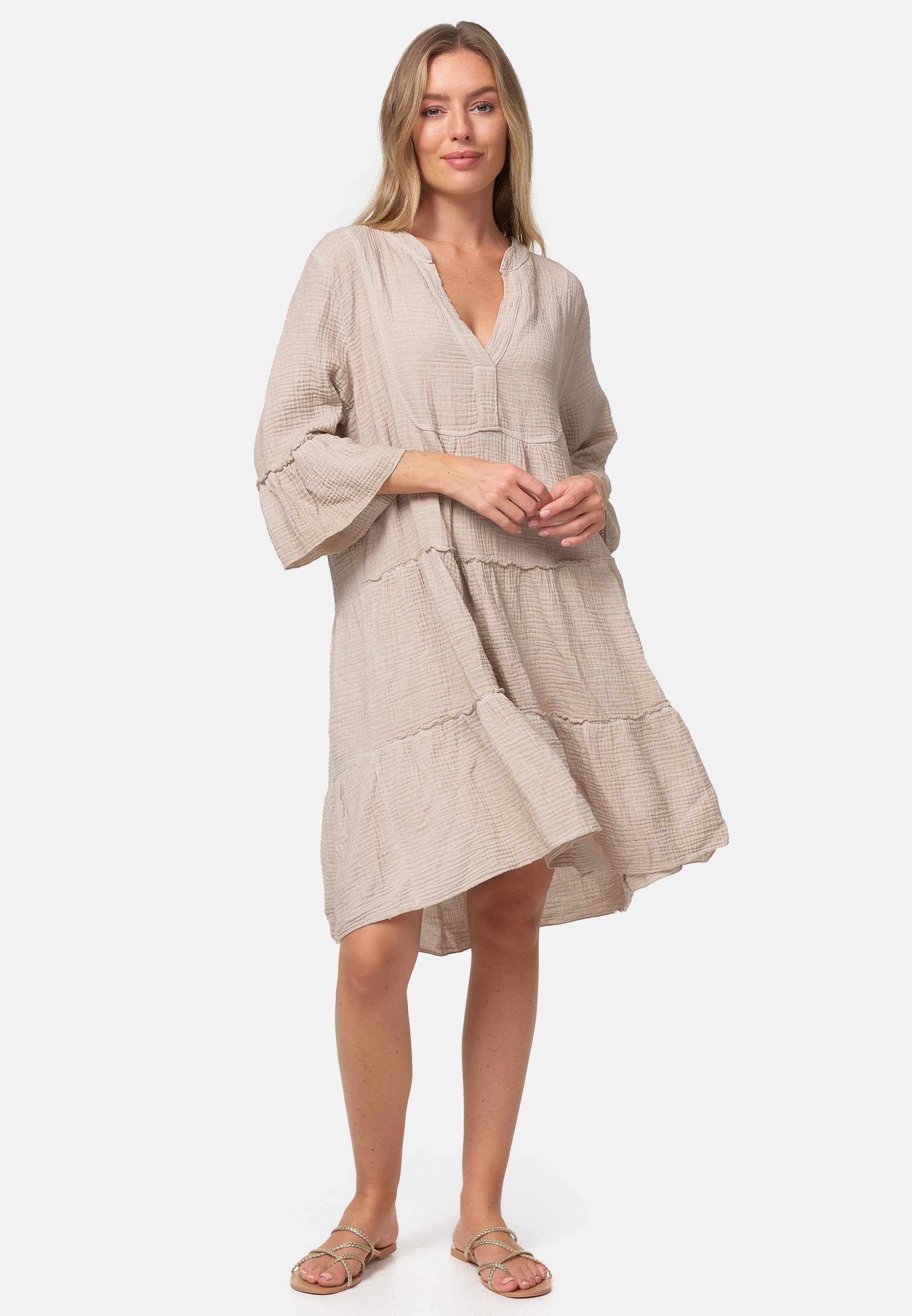 Rayshyne Sommerkleid PM39 (Leichtes Sommer Minikleid aus Musselin mit Rüschen) Musselin, Baumwolle, Rüschen, 3/4 Ärmel, Oversize