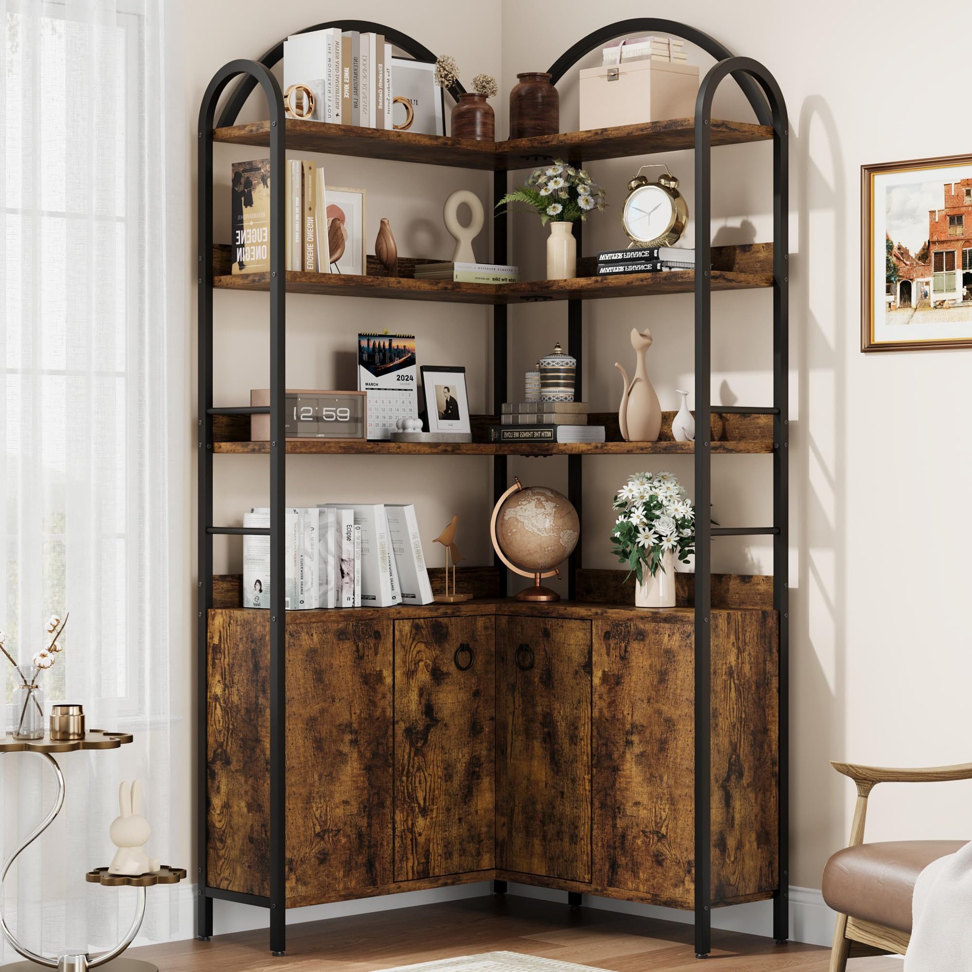 GarveeMore Bücherregal 6 Ebenen L-förmiges Eckregal Ablageregal Stauraumregal Mehrzweckregal, 189 cm Bogen Eckbücherregal Aktenregal Regal Standregal, Metallrahmen
