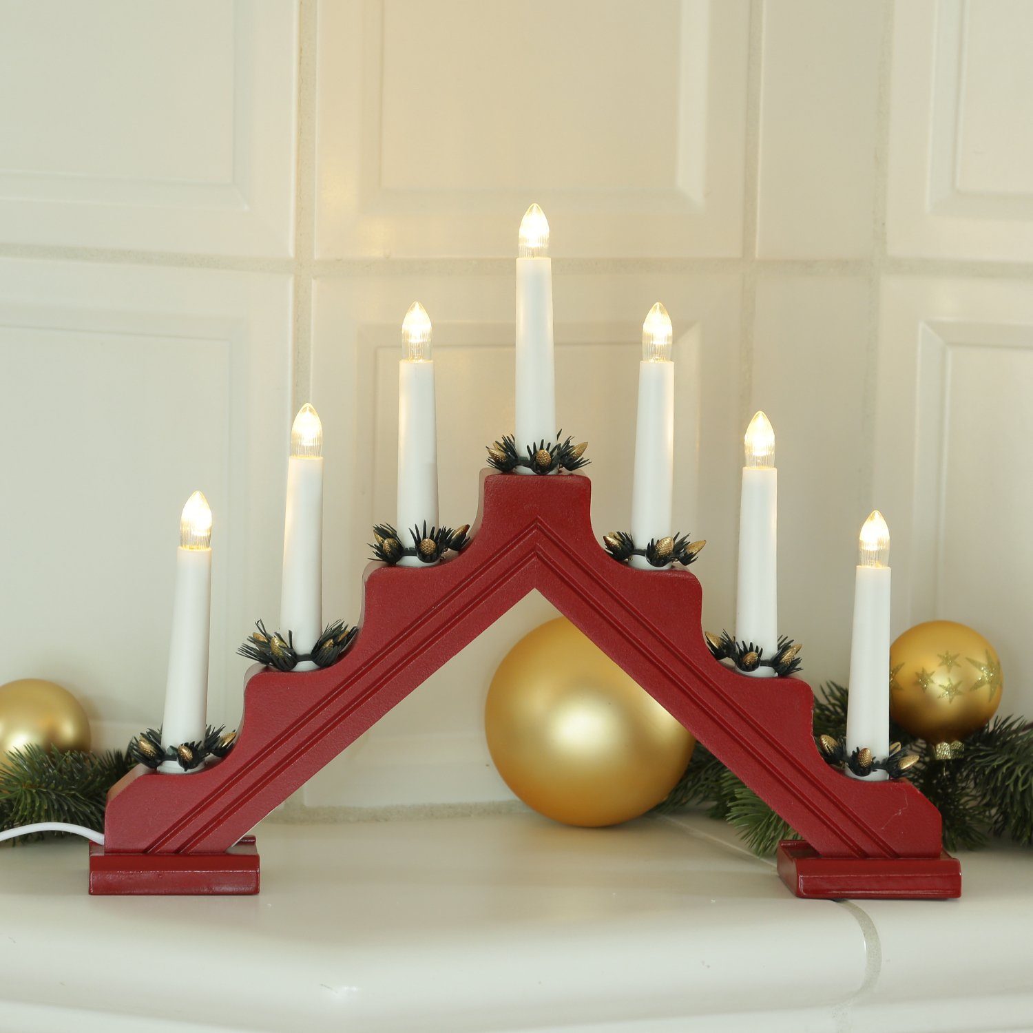 Schwibbogen rot MARELIDA L: Weihnachtsleuchter LED Schalter LED Kerzen (1-tlg) 37,5cm Lichterbogen 7