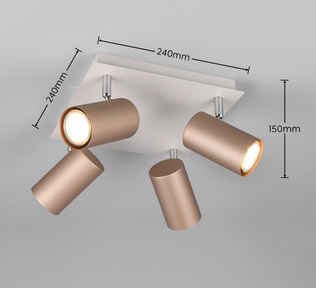 TRIO Leuchten Deckenstrahler MARLEY, GU10 Deckenspot 1-flammig, exkl 4x GU10 max 35W, Wandspot, Leuchtmittel wechselbar, warmweiß - kaltweiß, flexibel verstellbarer GU10 Deckenspot in coffee + warm grey, 24x24 cm