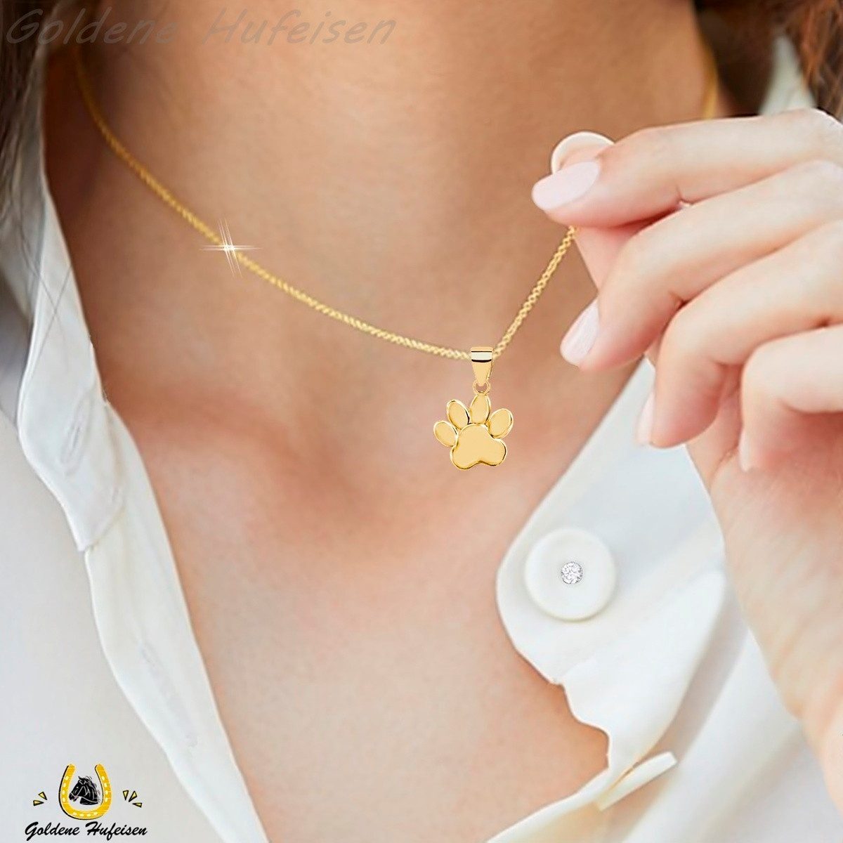 Goldene Hufeisen Kette mit Anhänger Pfote Halskette in Gold – Glücksbringer für Tierfreunde, 925 Sterling Silber (hypoallergen)