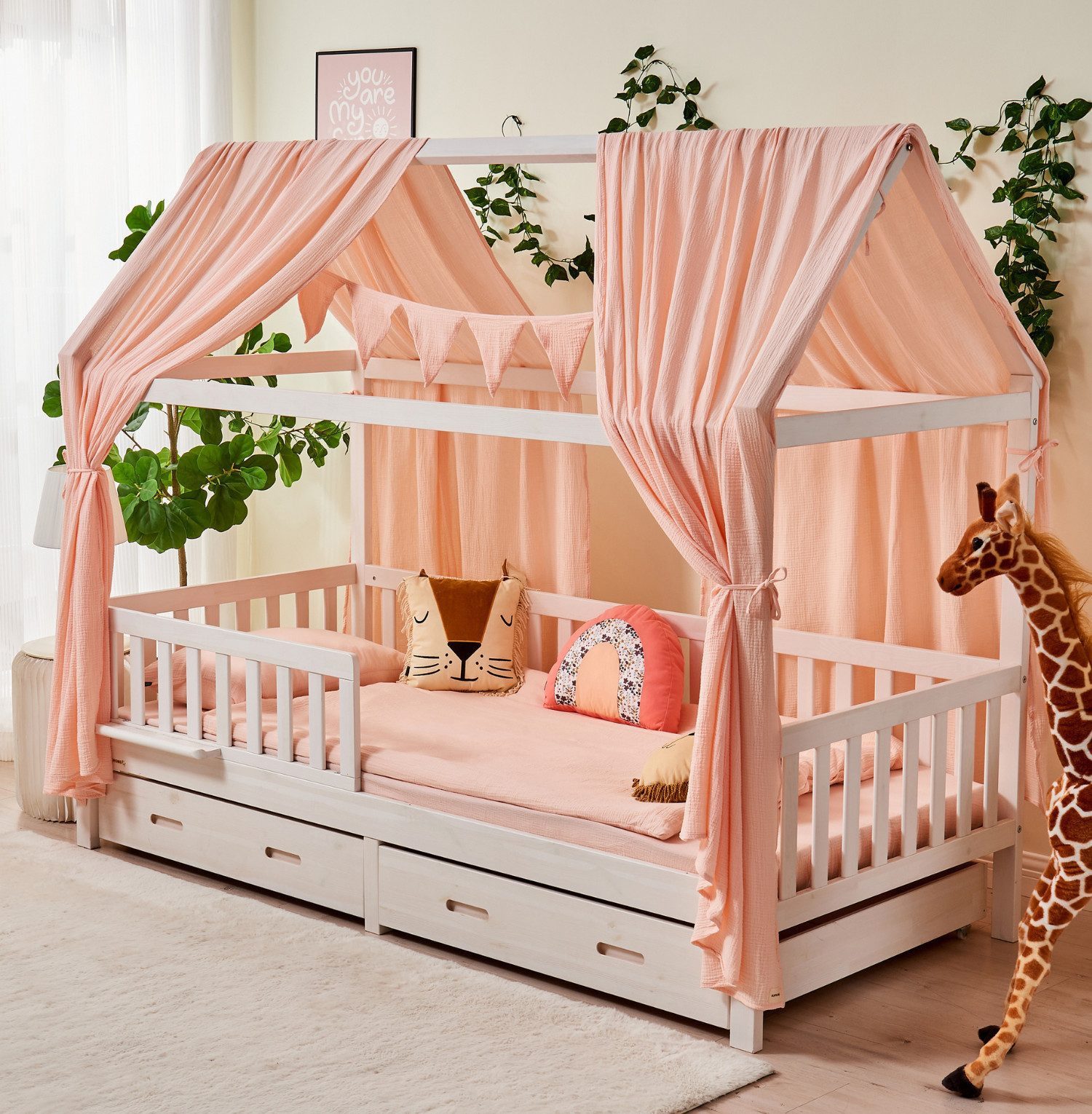 Alavya Home® Hausbett CLOUD aus Buchenholz – Bestseller & beliebt! 100% FSC®-zertifiziertem (SET Kinderbett 90x200, inklusive Schubladen Buchablage Rausfallschutz und Lattenrost), Hausbett 90x200cm für Mädchen und Jungen aus Massiv Buche