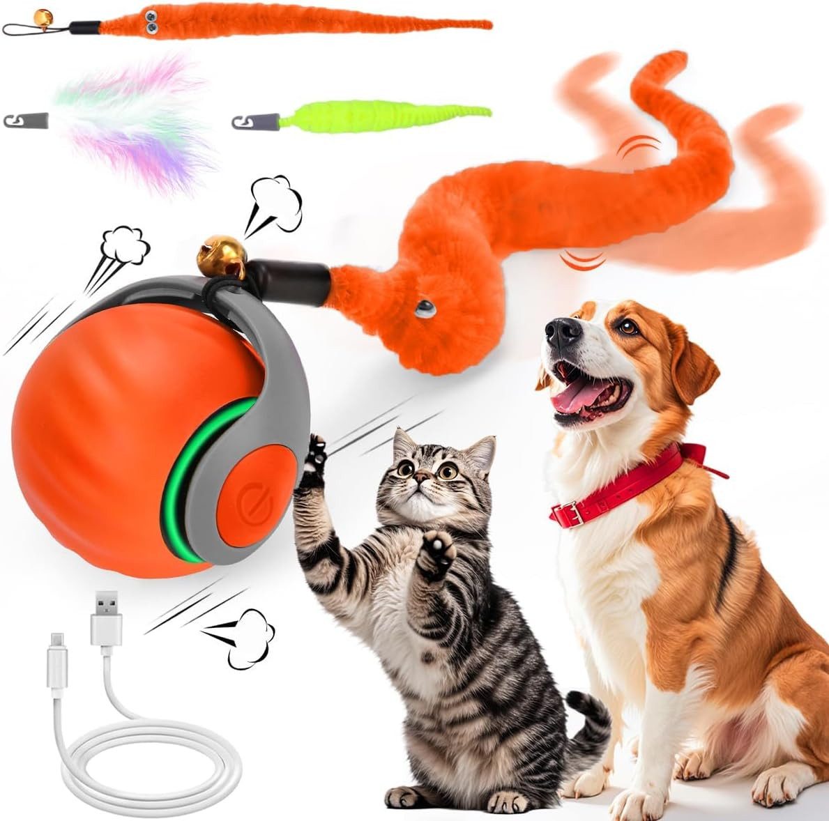 TUWENA Tier-Intelligenzspielzeug Elektrisch Katzenspielzeug Ball interaktives Spielzeug mit Schwanz, Wiederaufladbar, Auto-Ausweichung, 3 Schwänze, Smartmodus, 360° Rollen