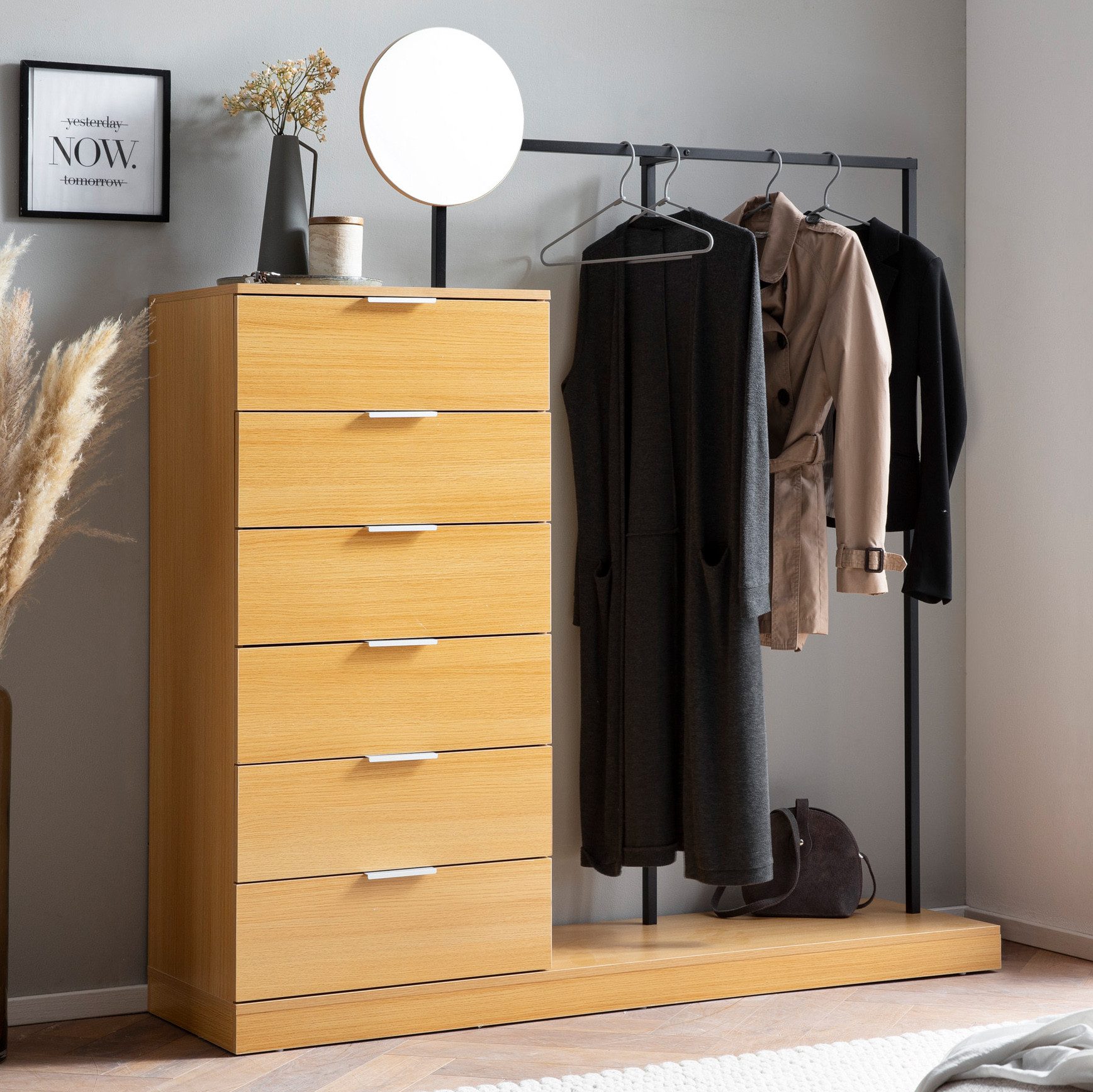 FINEBUY Garderobe Kleiderschrank Eiche 145 cm Schubläden Spiegel Kleidersta günstig online kaufen