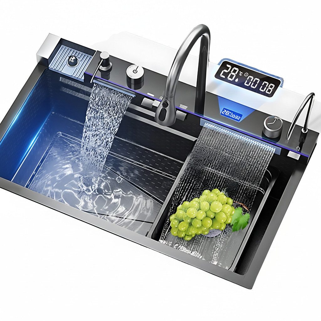 LuxaSteel Edelstahlspüle Smarte Küchenspüle – Einbauspülbecken mit Wasserfall-Funktion, (Komplettset), Smartes Geschirrspülbecken mit hohem Funktionsumfang