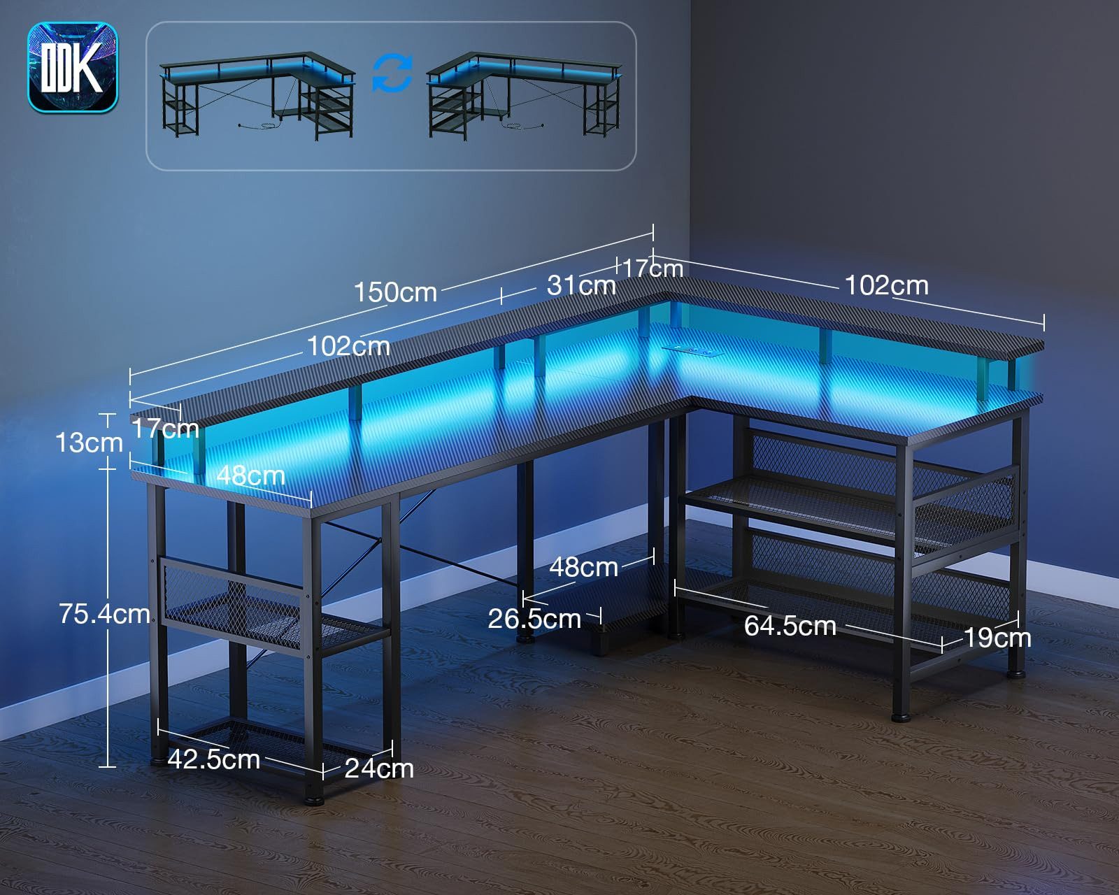 ODK Gamingtisch mit LED-Beleuchtung, 150cm Reversibler Eckschreibtisch, L-Form (1-St), Multifunktionaler Tisch mit Steckdosen & USB, Schwarz Kohlefaser-Optik