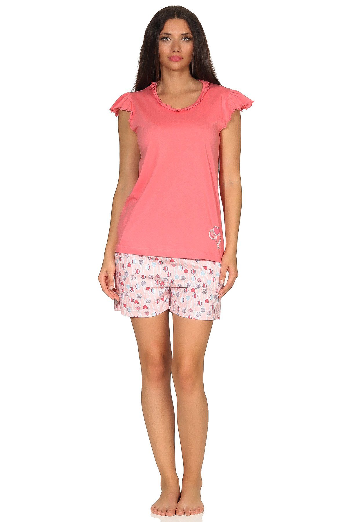 Normann Pyjama Damen Shorty Schlafanzug kurzarm im Lolli Lutscher lollipop Design rosa