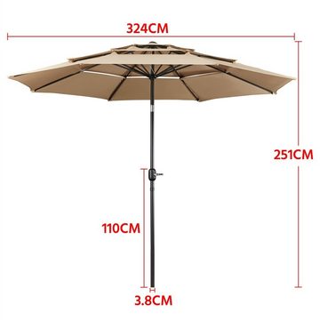 Yaheetech Sonnenschirm, mit 3-lagigem Dach Φ324 cm Neigbarer Gartenschirm Marktschirm