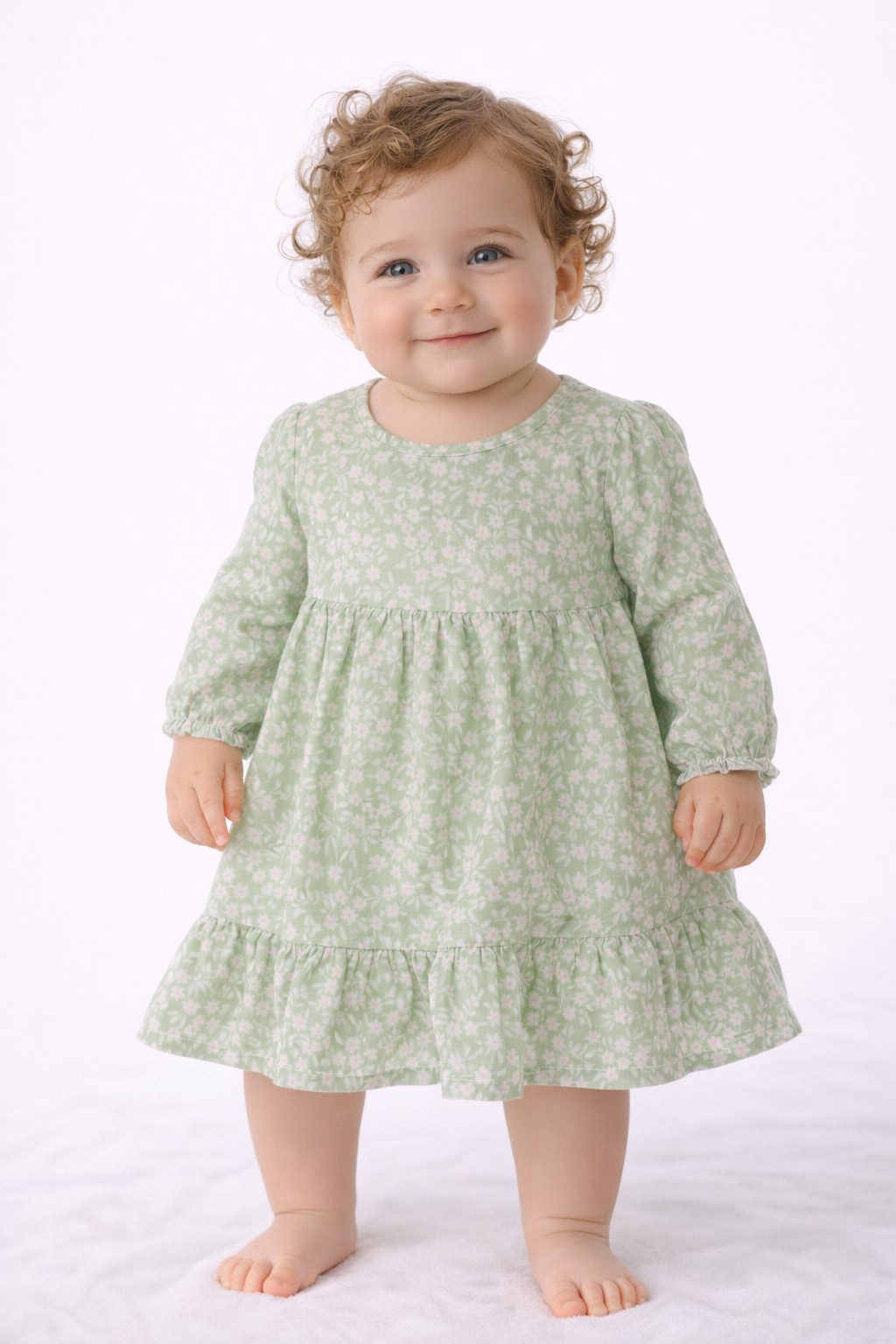 La Bortini Sommerkleid Baby Kleid gemustert in Grün langarm sommerlich mit Blumen aus weichem Musselin Stoff, 44 50 56 68