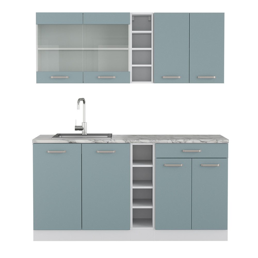 Livinity® Küchenzeile R-Line, Blau-Grau/Weiß, 160 cm, AP Eiche