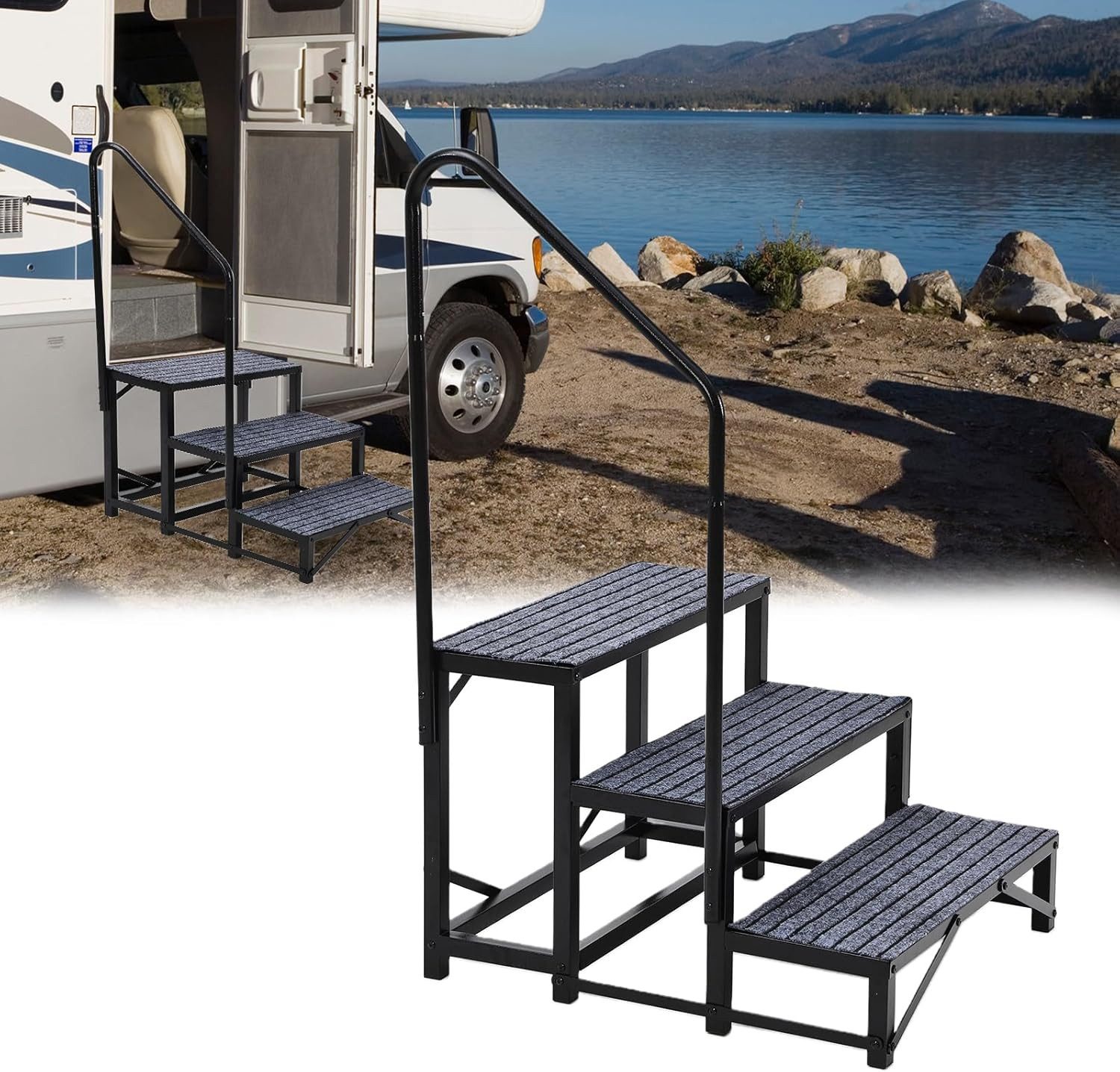 GarveeMore Treppenstufe mit Handlauf,Tragkraft 300 kg,rutschfeste Matten,Tragbare Trittleiter, für Wohnwagen, Camper, Whirlpool, Pool, Veranda, Haustiere