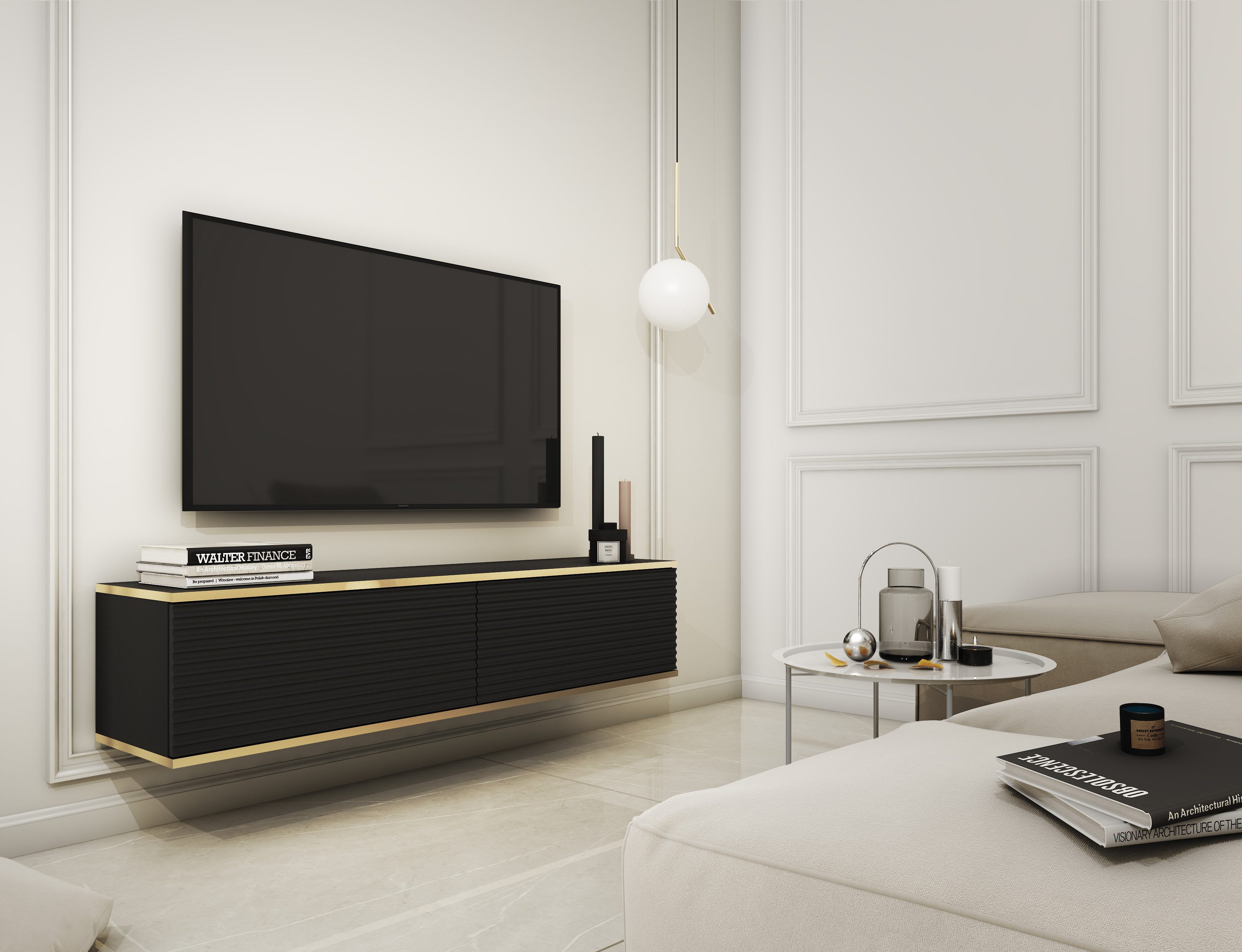MOEBLO TV-Board Dayn RTV - 135 MDF (Moderne Hängeschrank Lamellen Lowboard Fernsehtisch TV Bank, RTV-Schrank mit goldenen Einsätzen TV Tisch Fernseher Tisch TV Мебель), (HxBxT):30x135x32cm