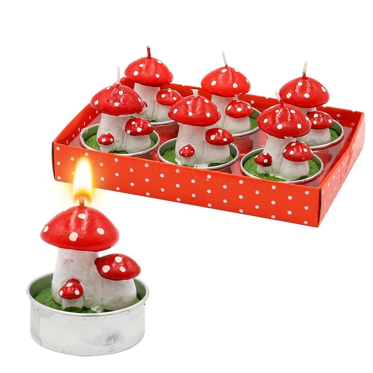 Dekohelden24 Teelicht Kerzen / Teelichte als Pilze - Glückspilze im 6er Set, Maße je Teelicht 3 x 4 x 3 cm