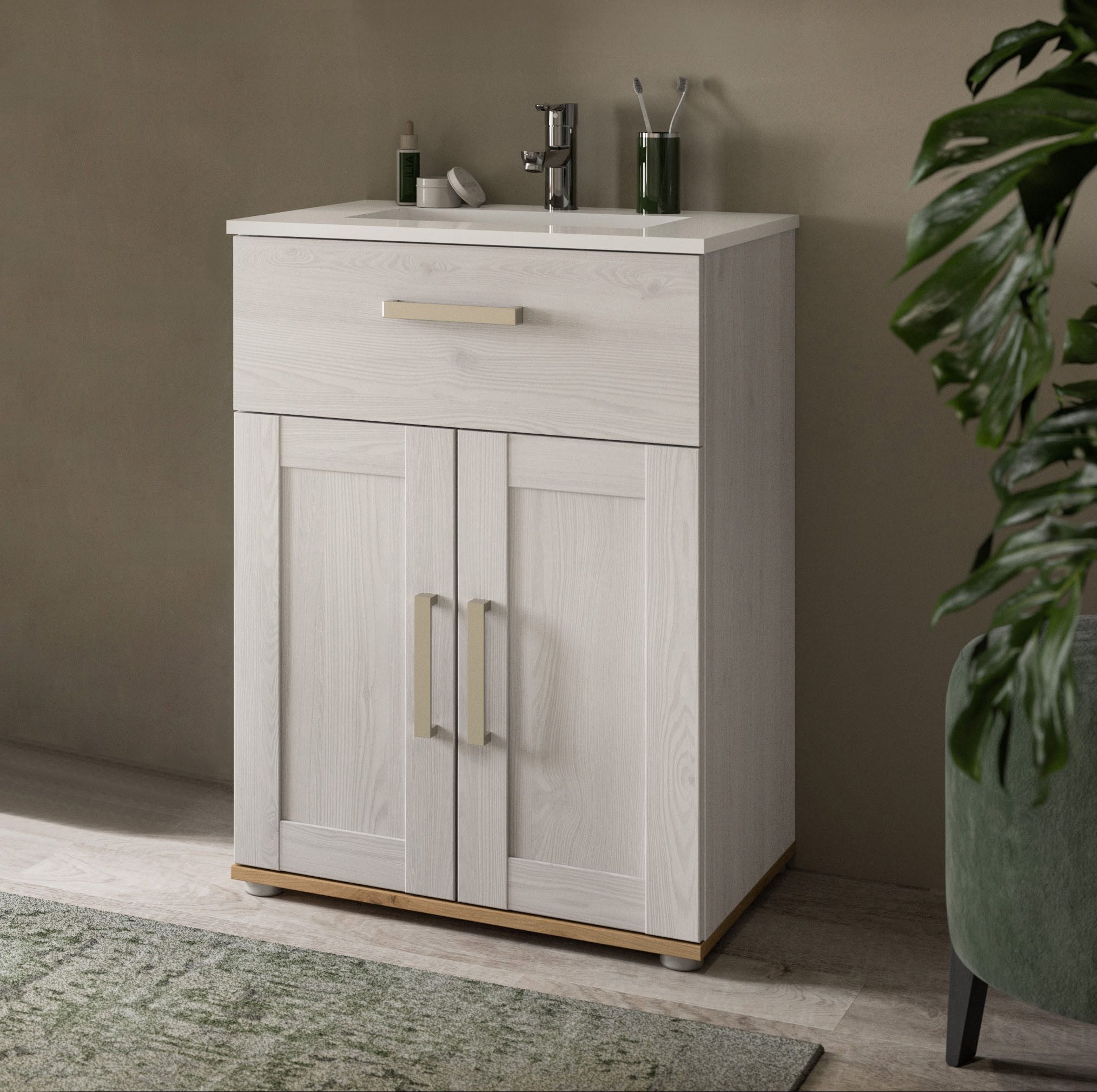 welltime Waschtisch COSENZA, inkl. Keramik-Waschbecken, 2 Türen, 1 Schubkasten (2-St., in Landhausoptik, mit weiteren Artikel der Serie kombinierbar), Waschbecken, Waschbeckenschrank, Badezimmer, Bad, Waschtisch, Kommode