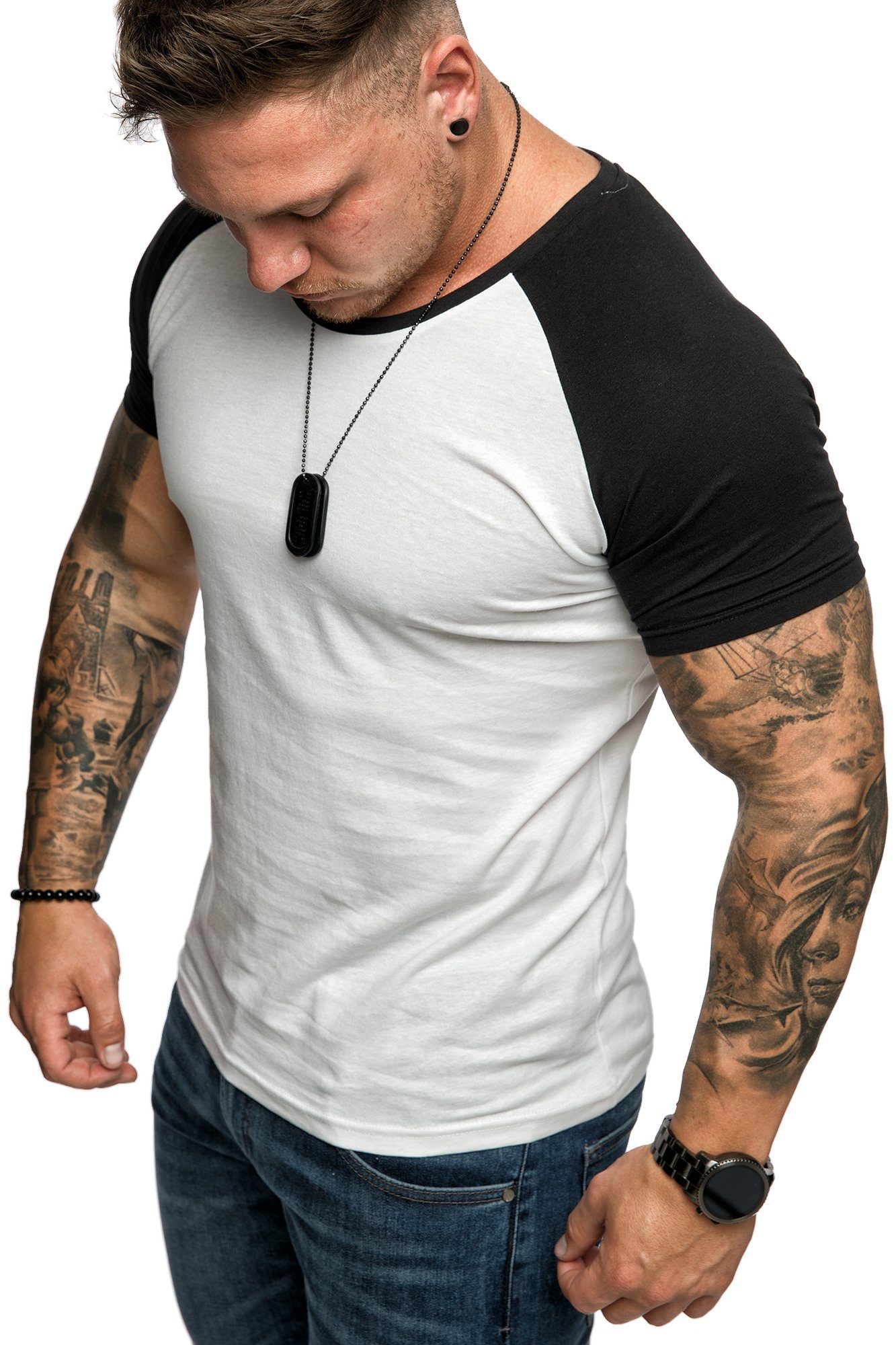 Amaci&Sons T-Shirt SALEM Basic Raglan T-Shirt mit Rundhalsausschnitt Herren Basic Raglan Shirt mit Rundhalsausschnitt Weiß/Schwarz