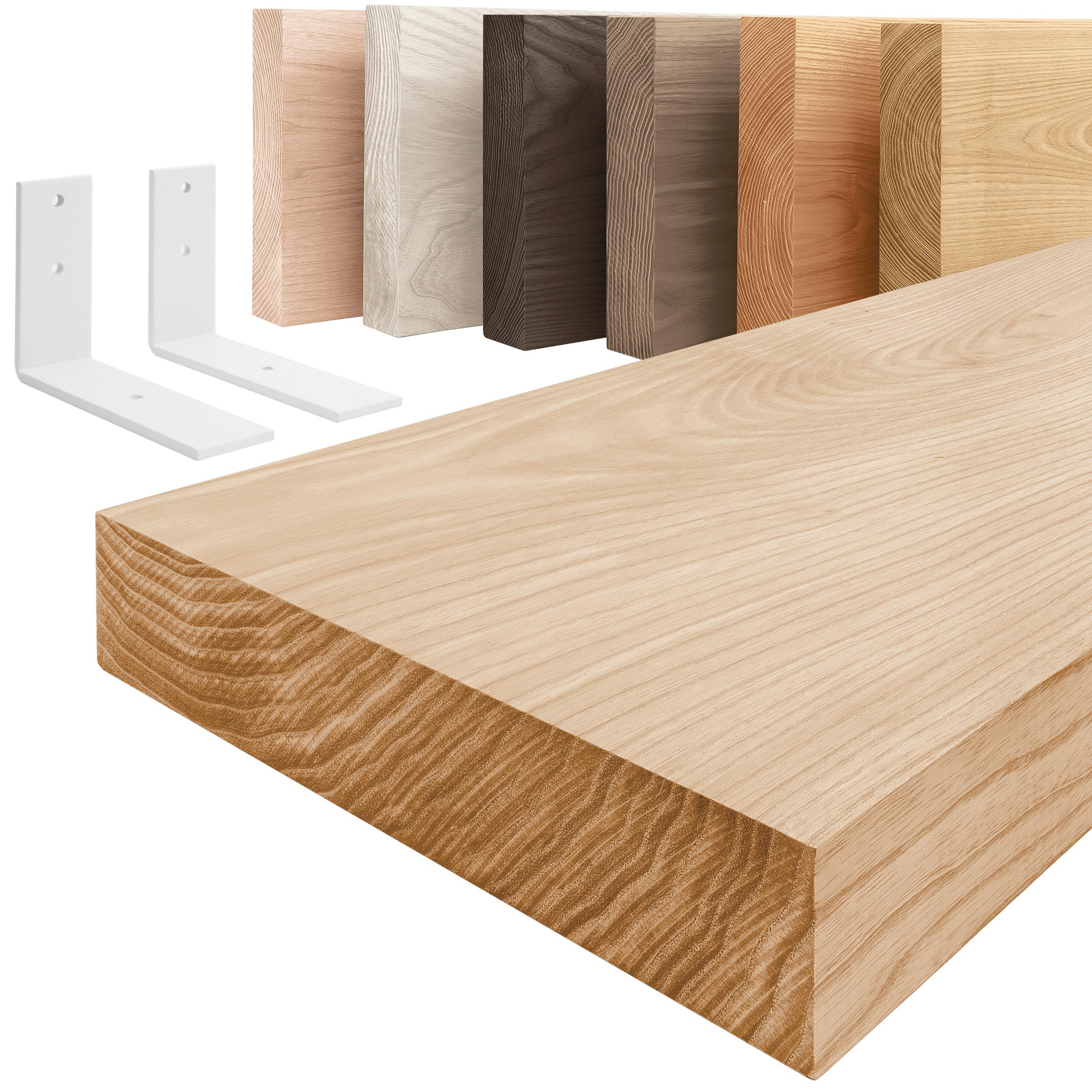 LAMO Manufaktur Wandregal Holz Gerade Regal Farbe: Natur mit weißem Basic Regalträger 70 cm, Komplett-Set, 40mm stake Massivholzplatte