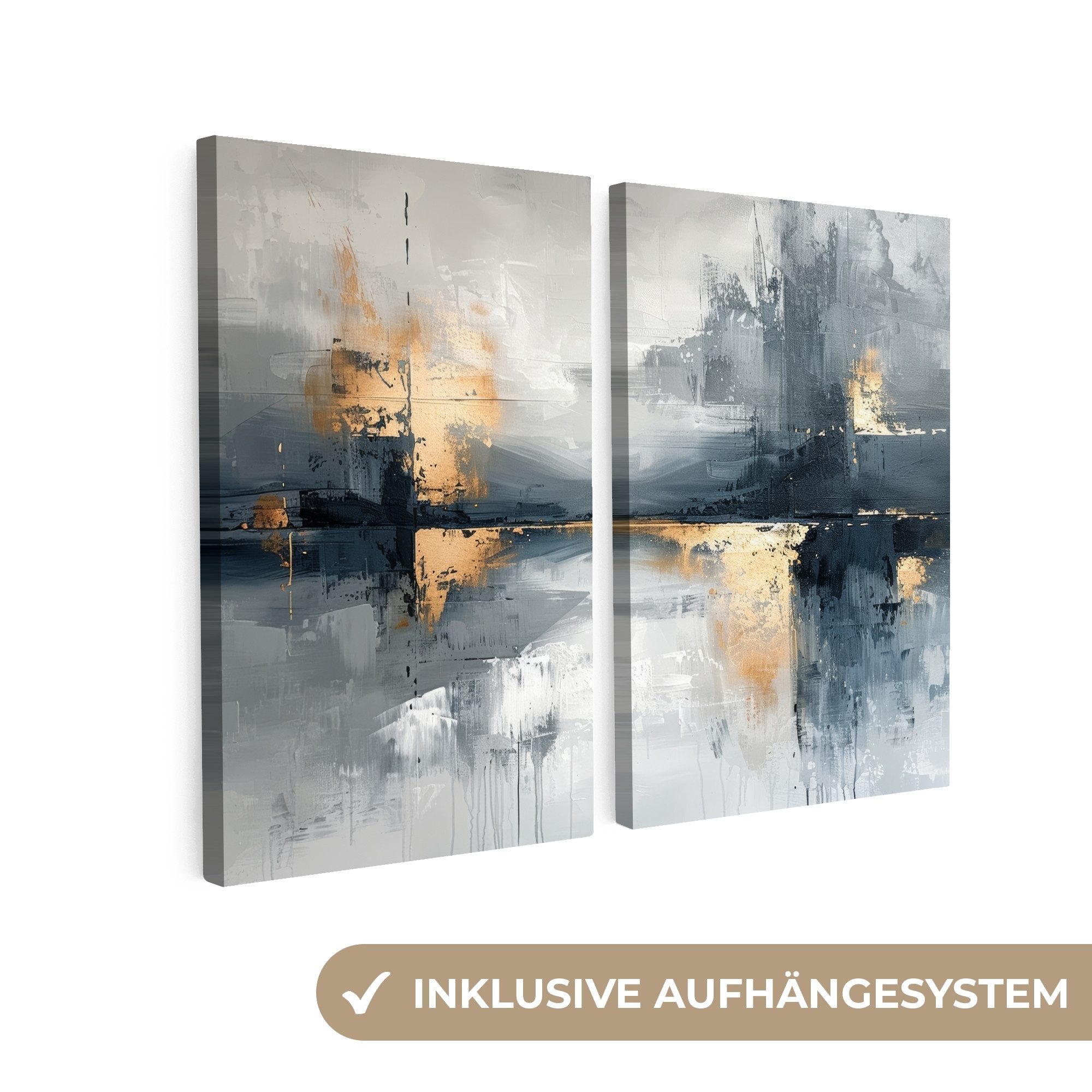 MuchoWow Leinwandbild Abstrakt - Grau - Gold - Modern, Fotodruck (2 St), Leinwand Bilder mit Rahmen 2er Set Wohnzimmer Schlafzimmer 80x60 cm