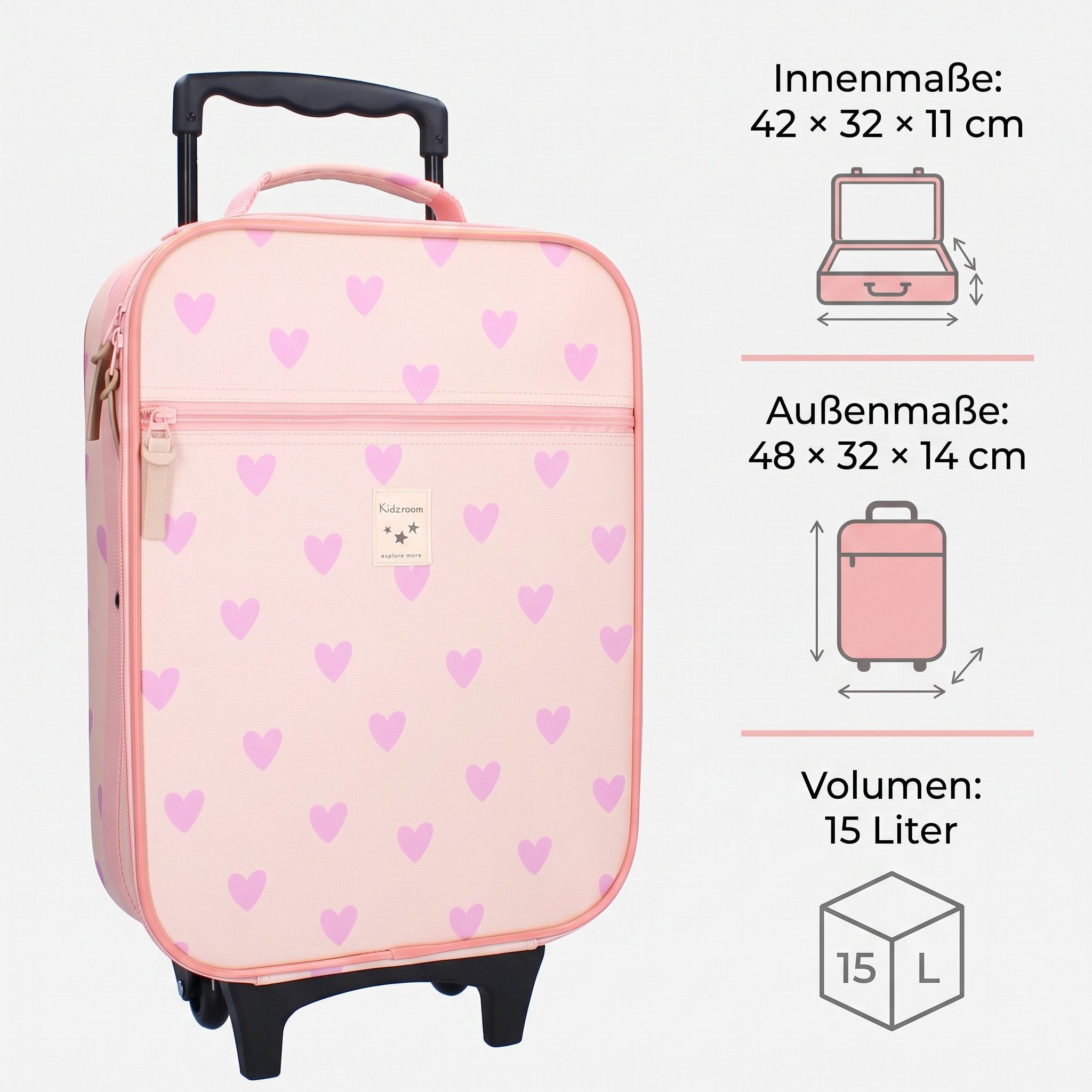 Kidzroom Kinderkoffer Kindertrolley Mädchen Trolly Trolley Koffer 15 L, nur 1 kg leicht, Außenmaße:48×32×14 cm, Innenmaße:42×32×11 cm – Bild 2 von 5