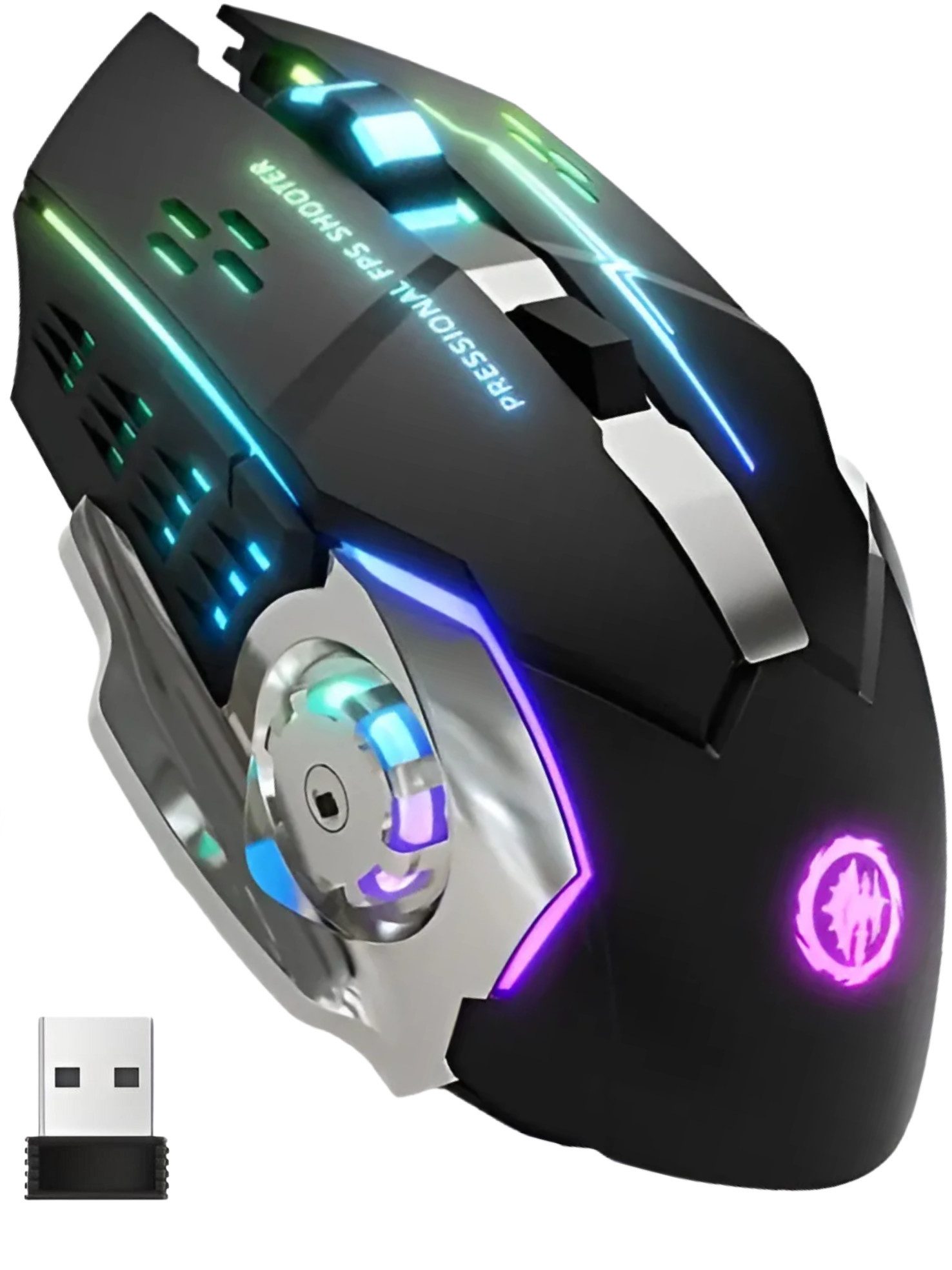 S&T Design RGB Gaming Maus Kabellos Wireless Leise Schwarz USB Gaming-Maus Gaming-Maus (Funk, 2400 dpi, Plug & Play / 7 Tasten / Extrem Leise)