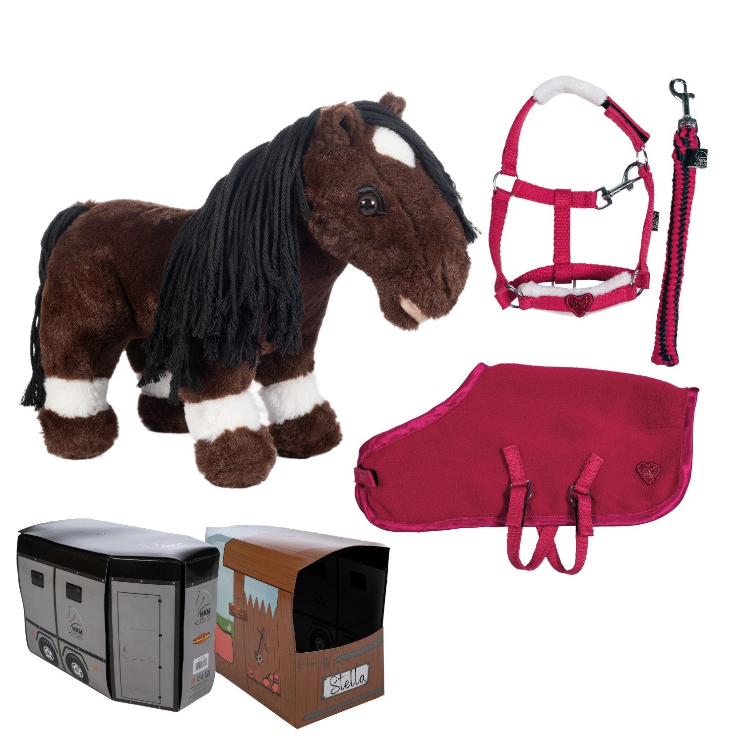 HKM Kuscheltier HKM Cuddle Pony in Braun mit Starter-Set in Rot.