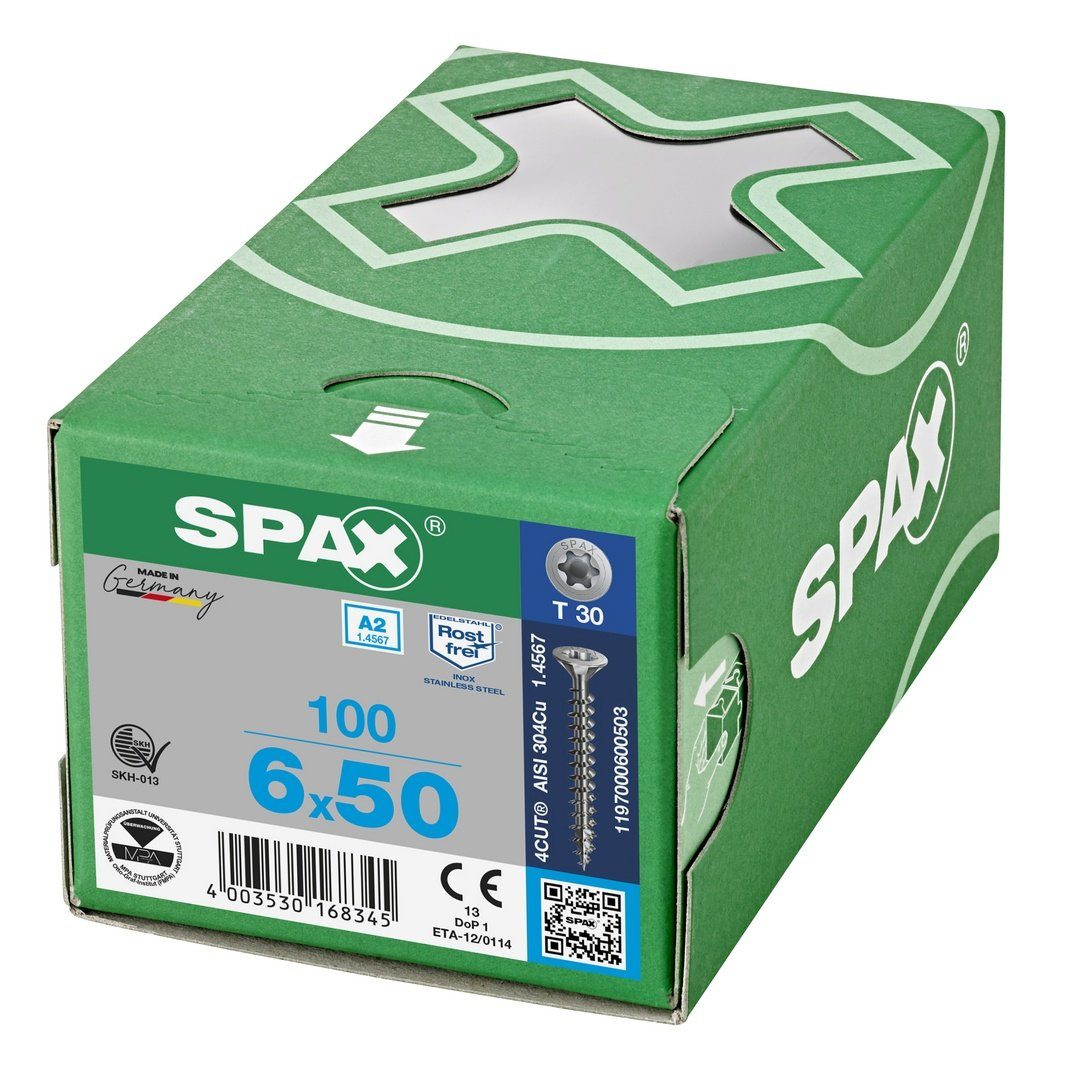 100 SPAX Edelstahlschraube, (Edelstahl mm St), 6x50 A2, Spanplattenschraube