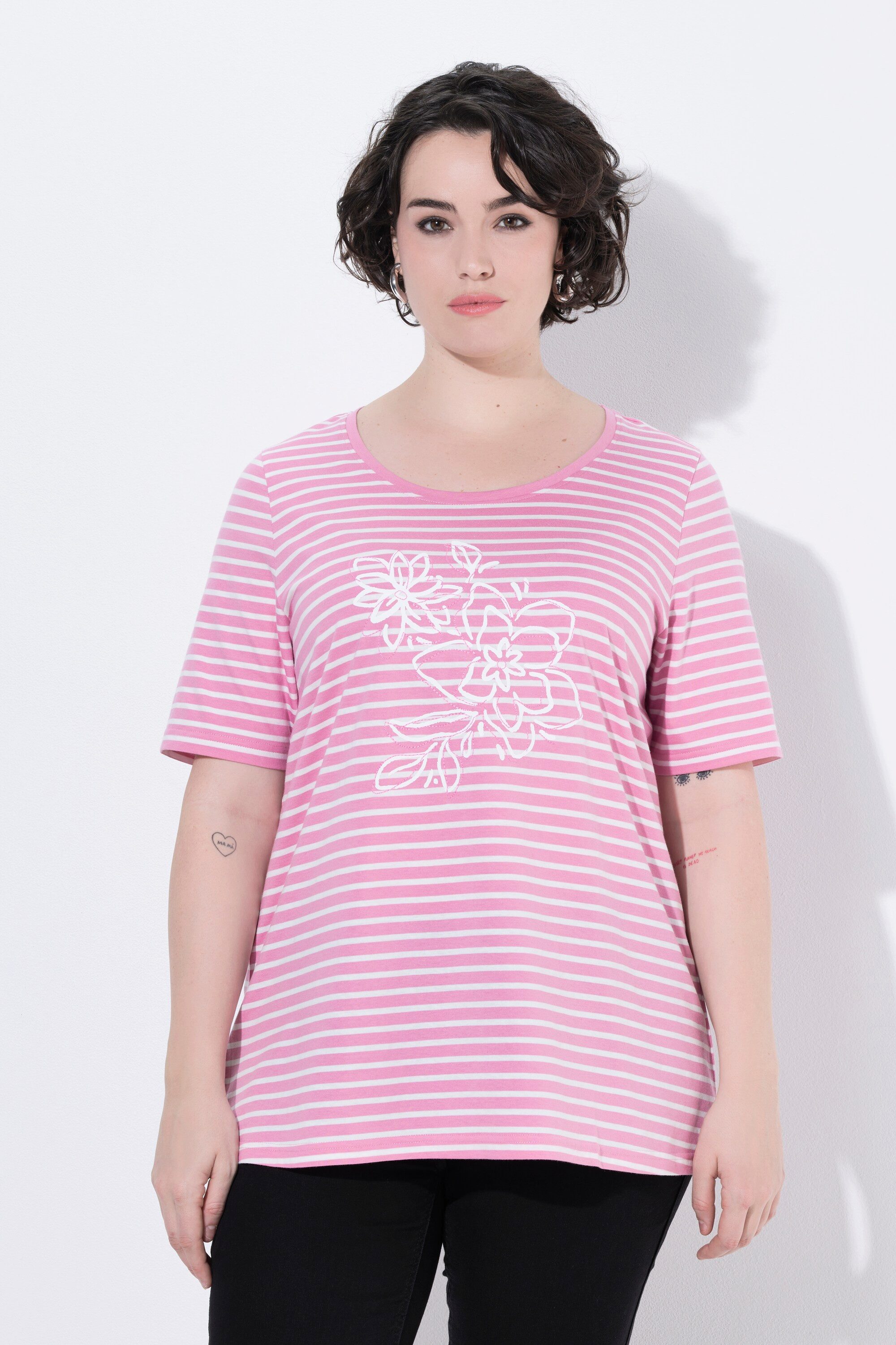T-Shirt Shirt Ringel Stickerei A-Linie Rundhals Halbarm